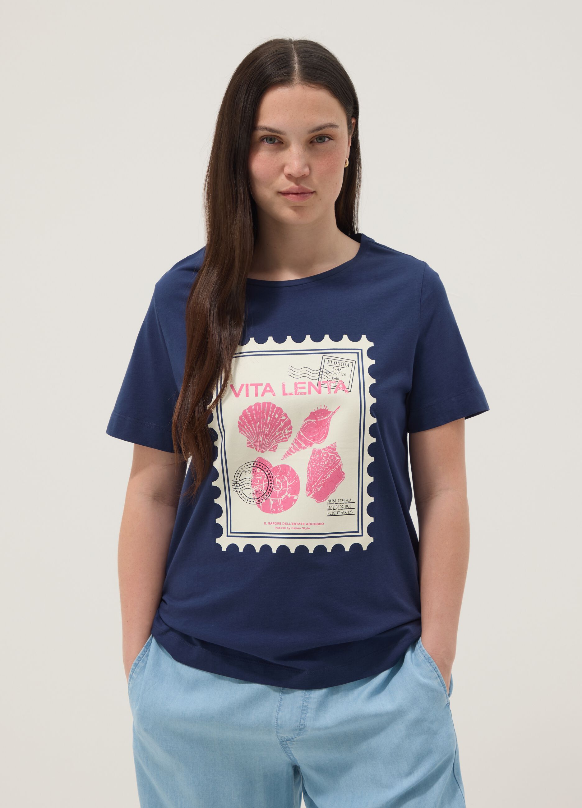 Blue pure cotton T-shirt with print, regular fit