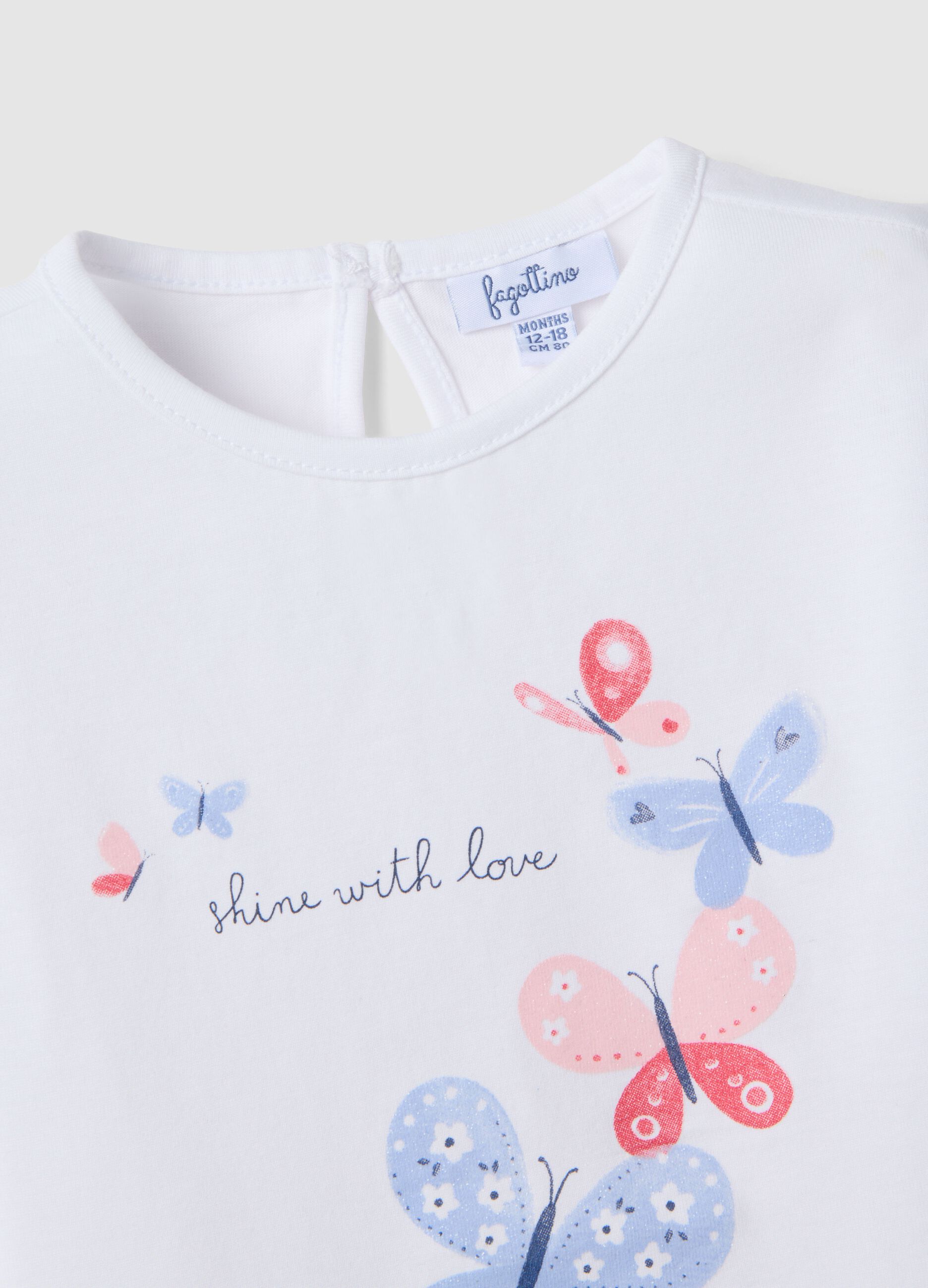White pure cotton girls' t-shirt regular fit with butterflies