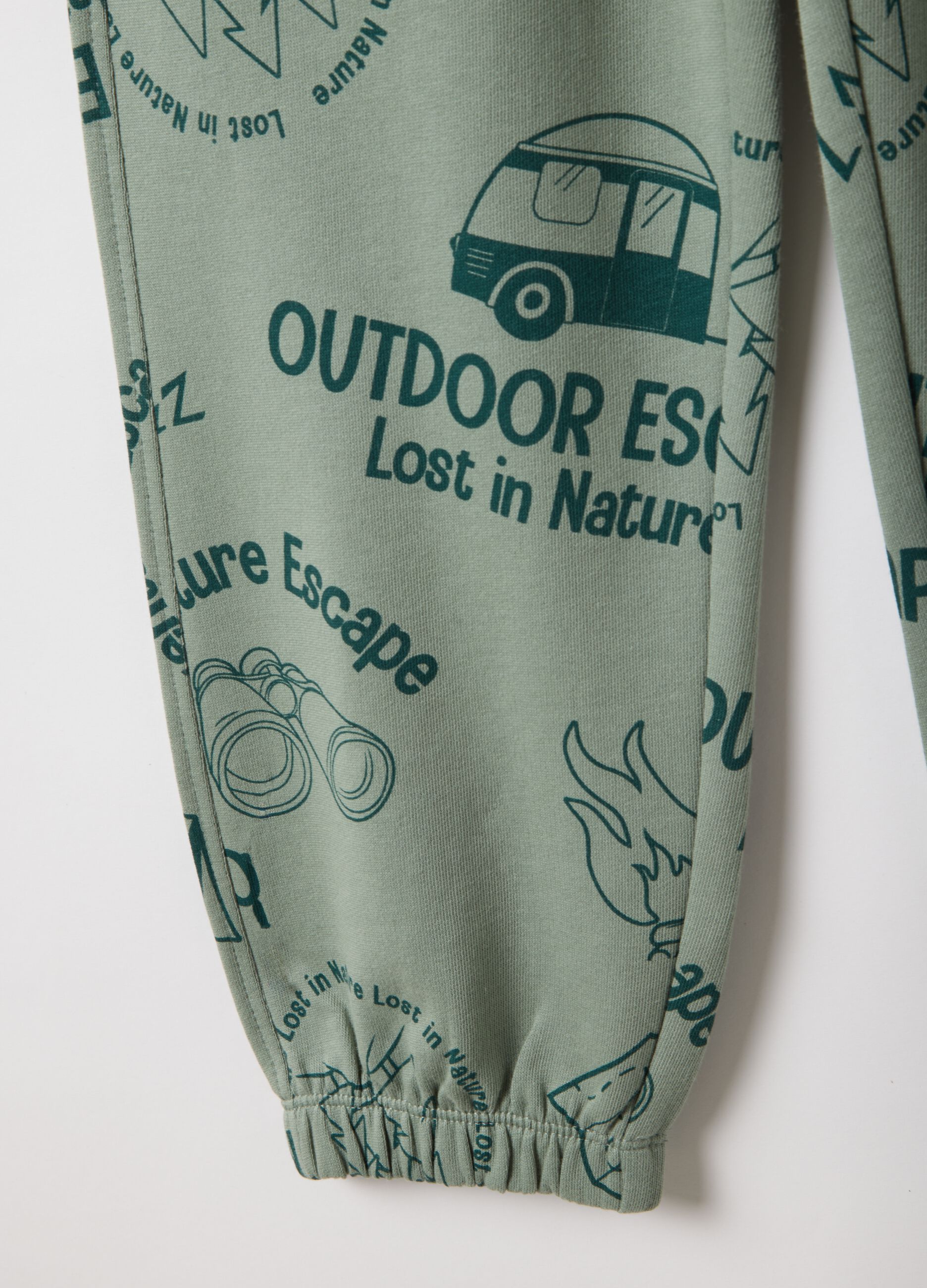 Children's green pure cotton regular fit trousers with print