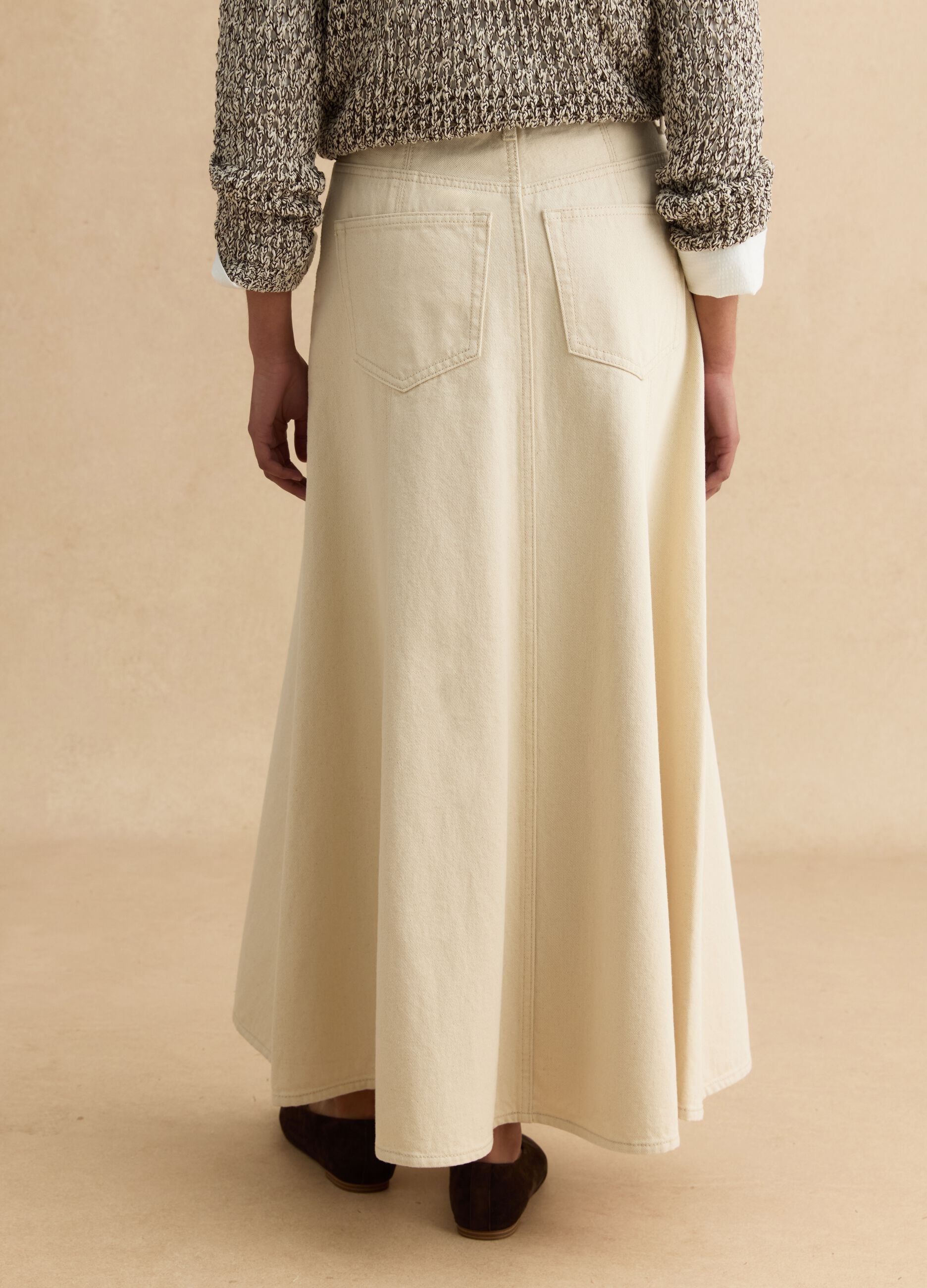 Long beige regular fit pure cotton denim skirt