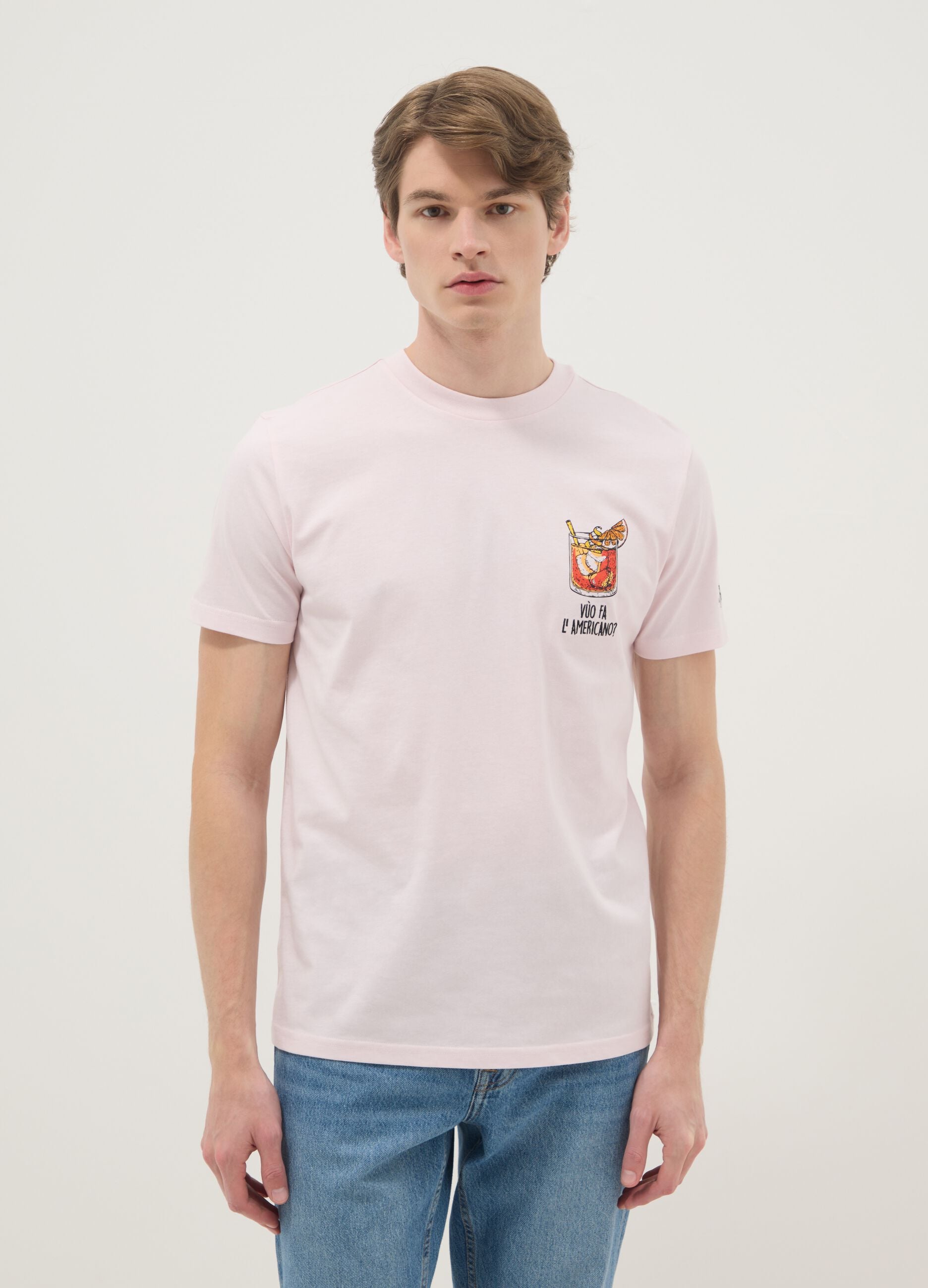 Regular fit pink pure cotton T-shirt with Americano prints
