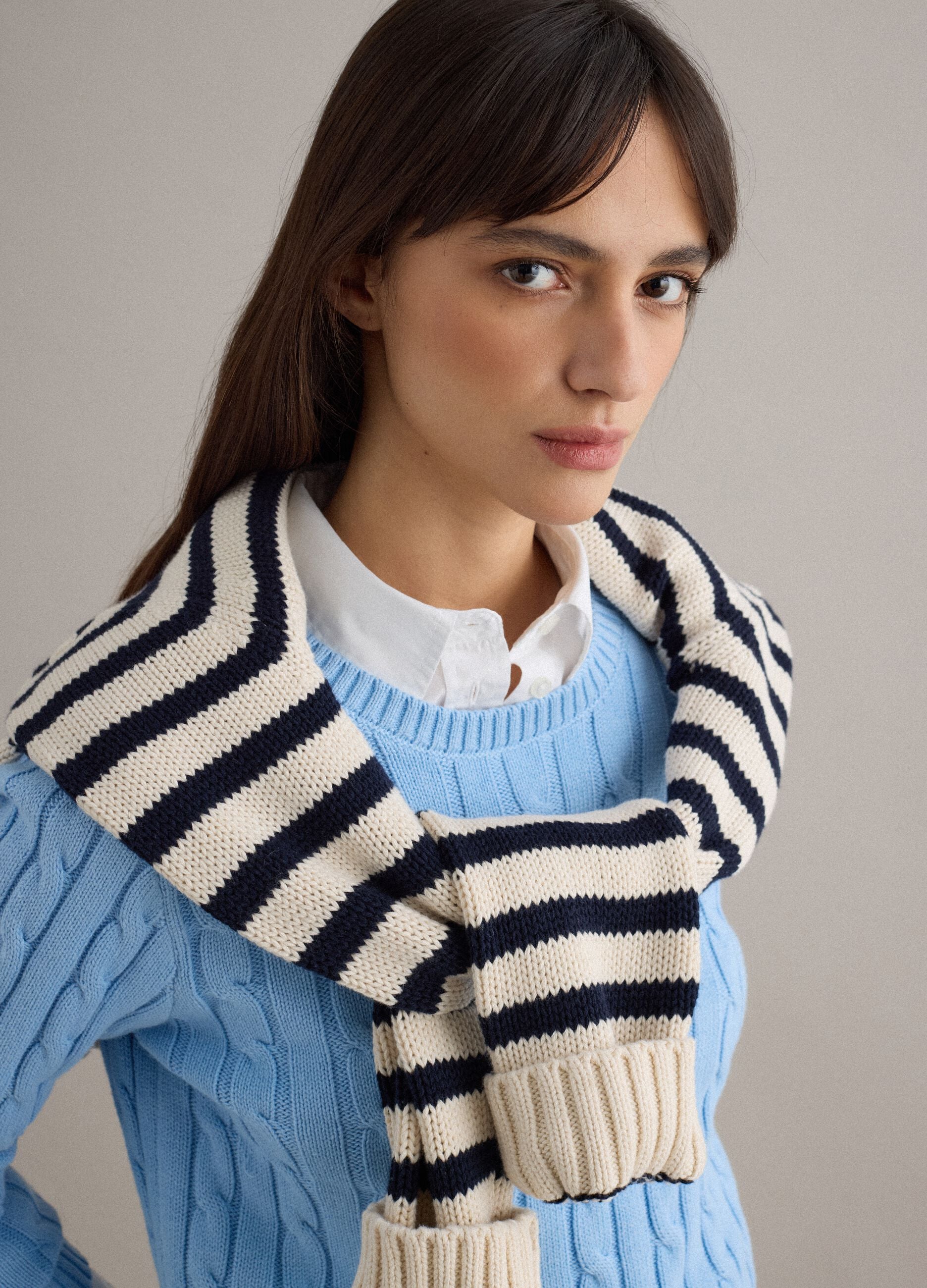 Blue pure cotton regular fit sweater with cable knit