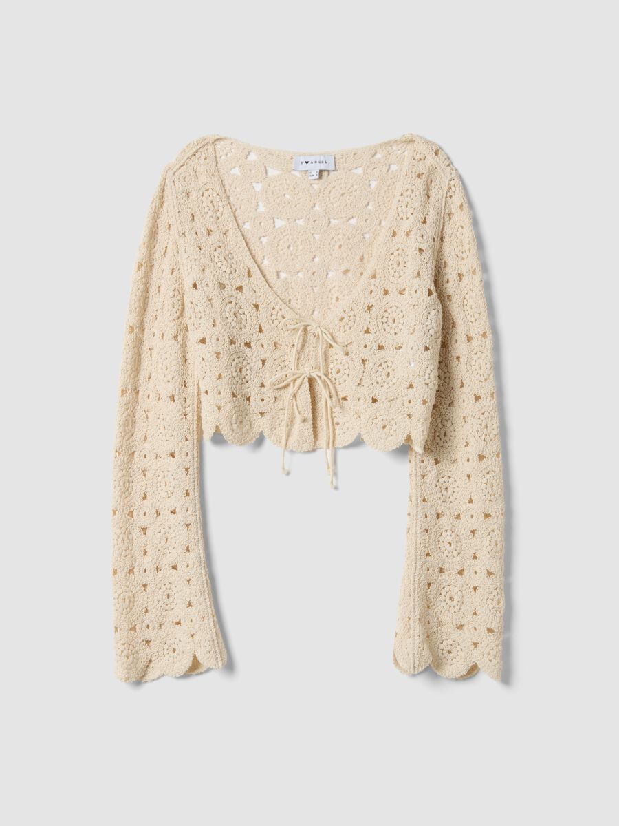 Cardigan in misto cotone beige regular fit con design traforato_4