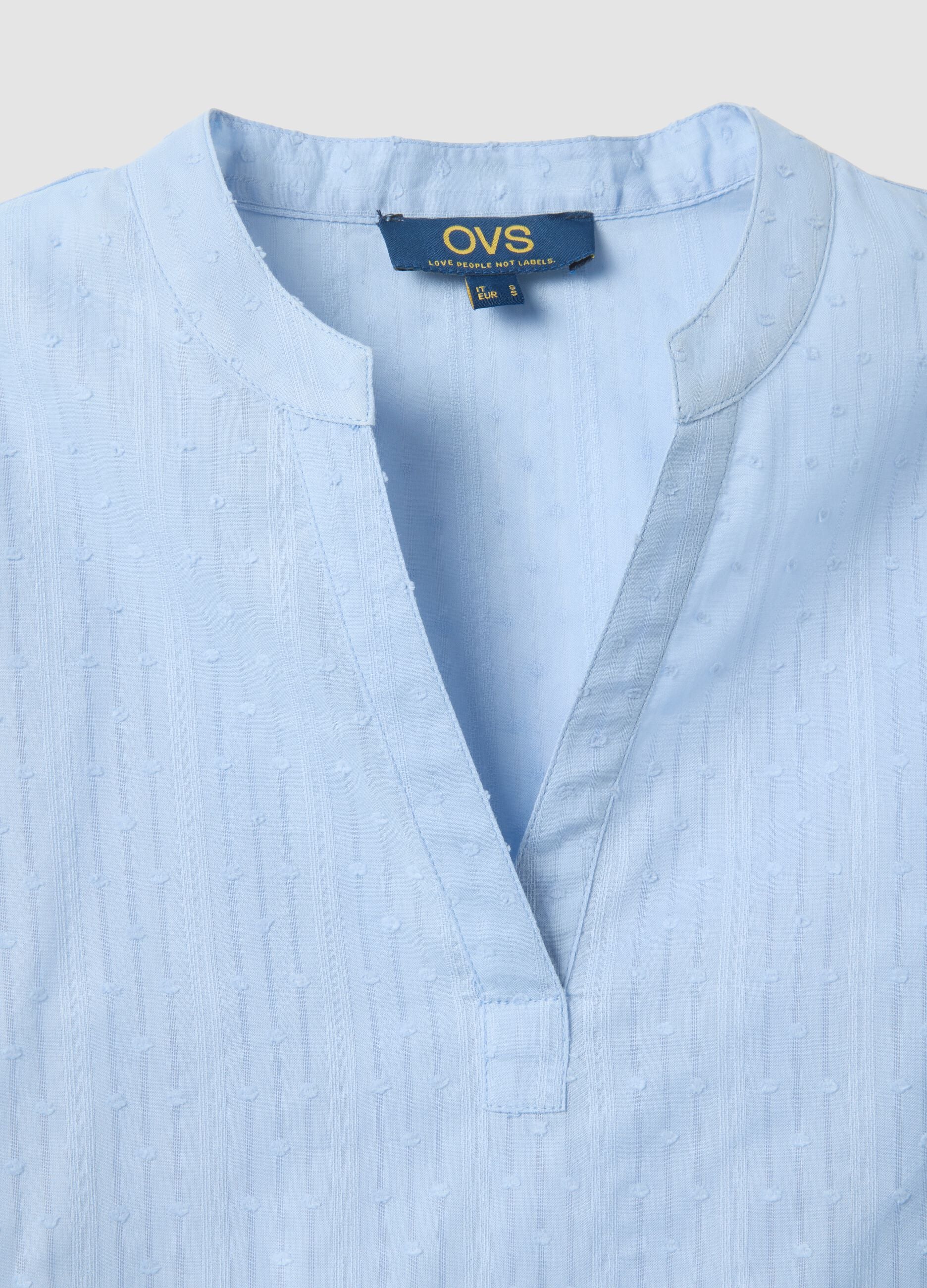 Light blue pure cotton regular fit deep V shirt with transparency