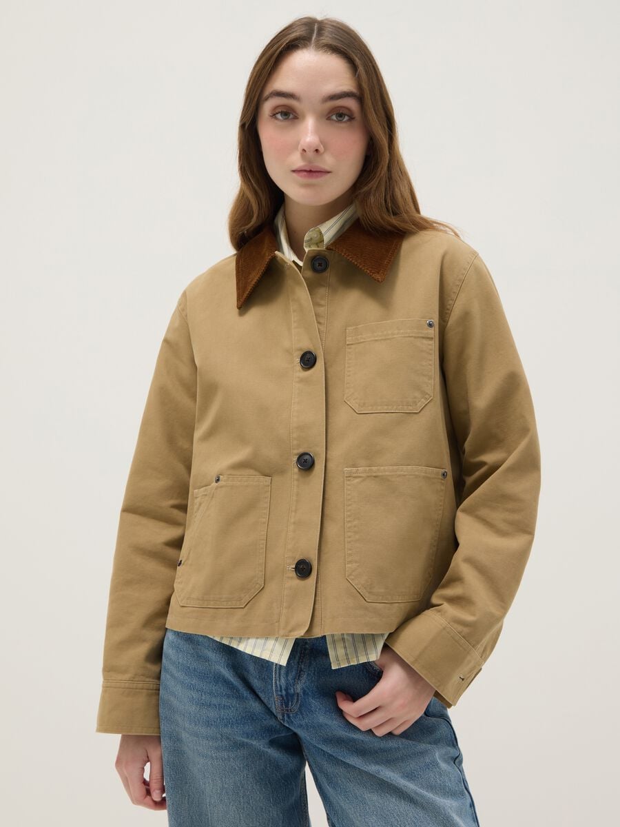 Regular fit beige pure cotton jacket with contrast collar_1