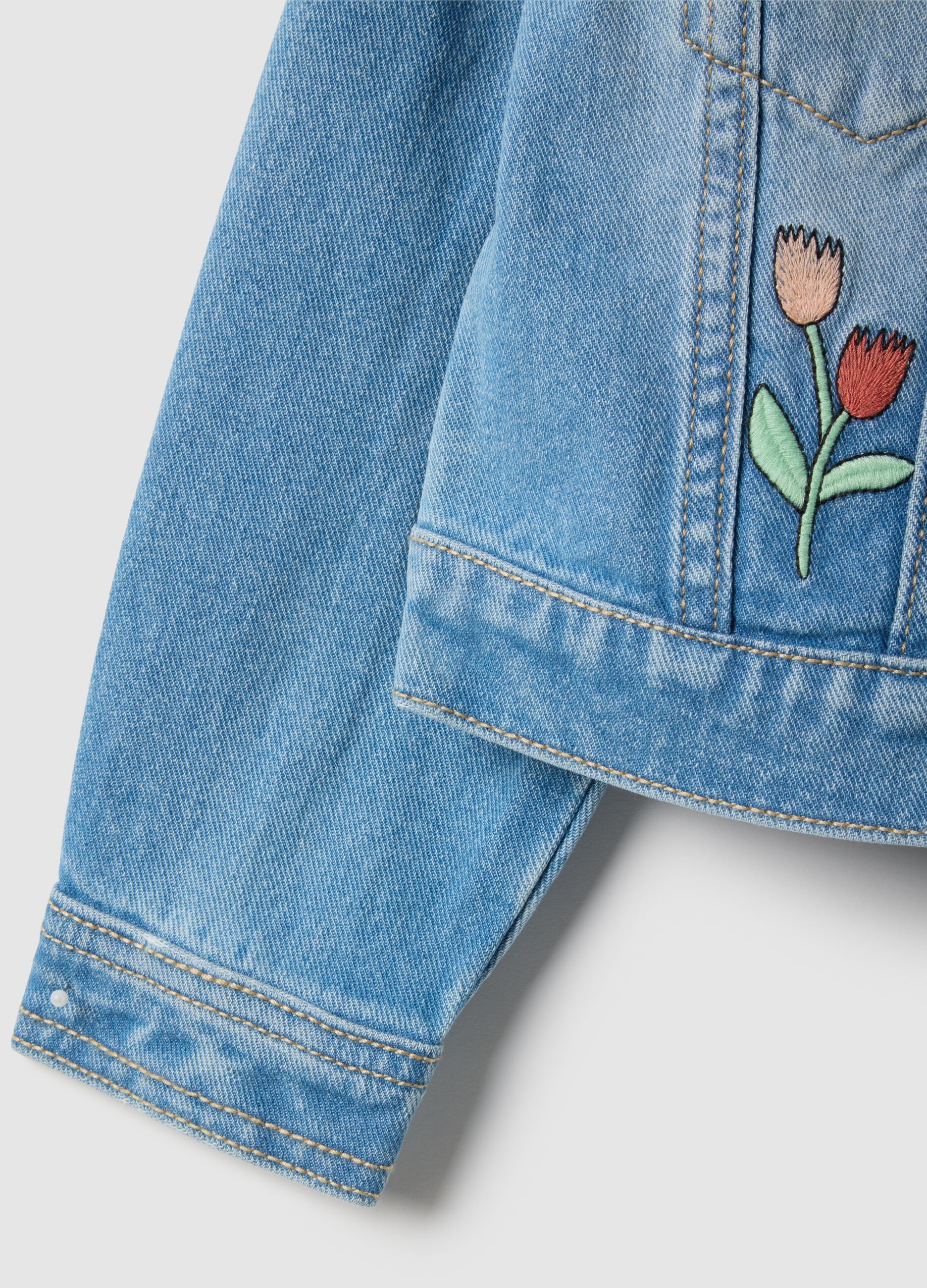 Blue regular fit pure cotton denim jacket with embellishments