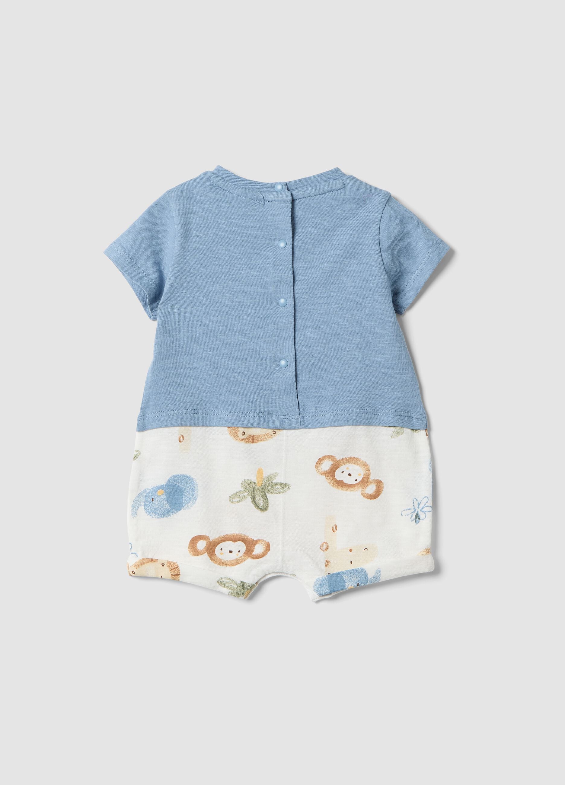 Sky-blue organic cotton romper with animal print for baby