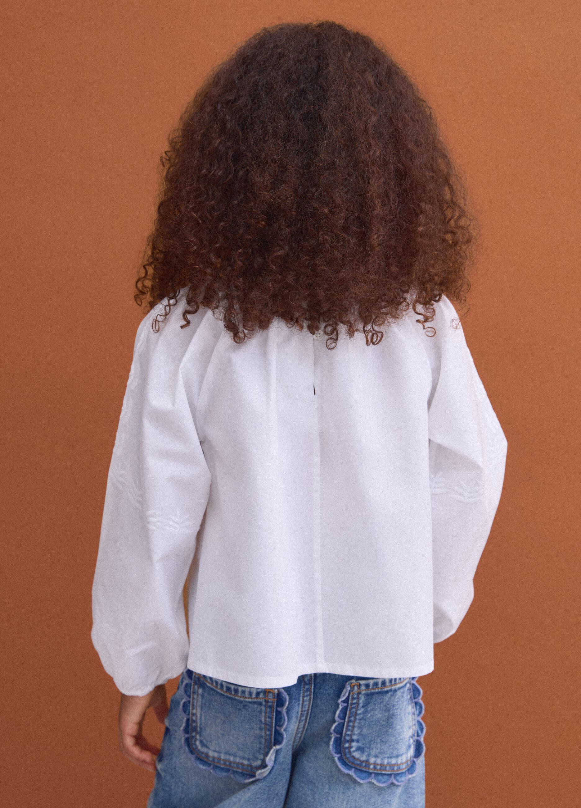 White pure cotton blouse with embroidery and gathered neckline for girls