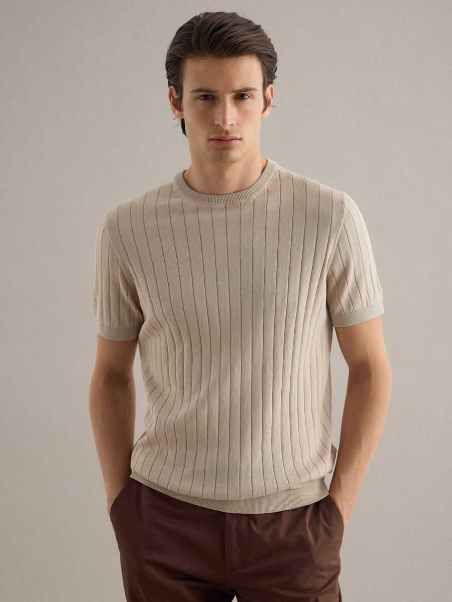 Beige striped pure cotton T-shirt regular fit_0