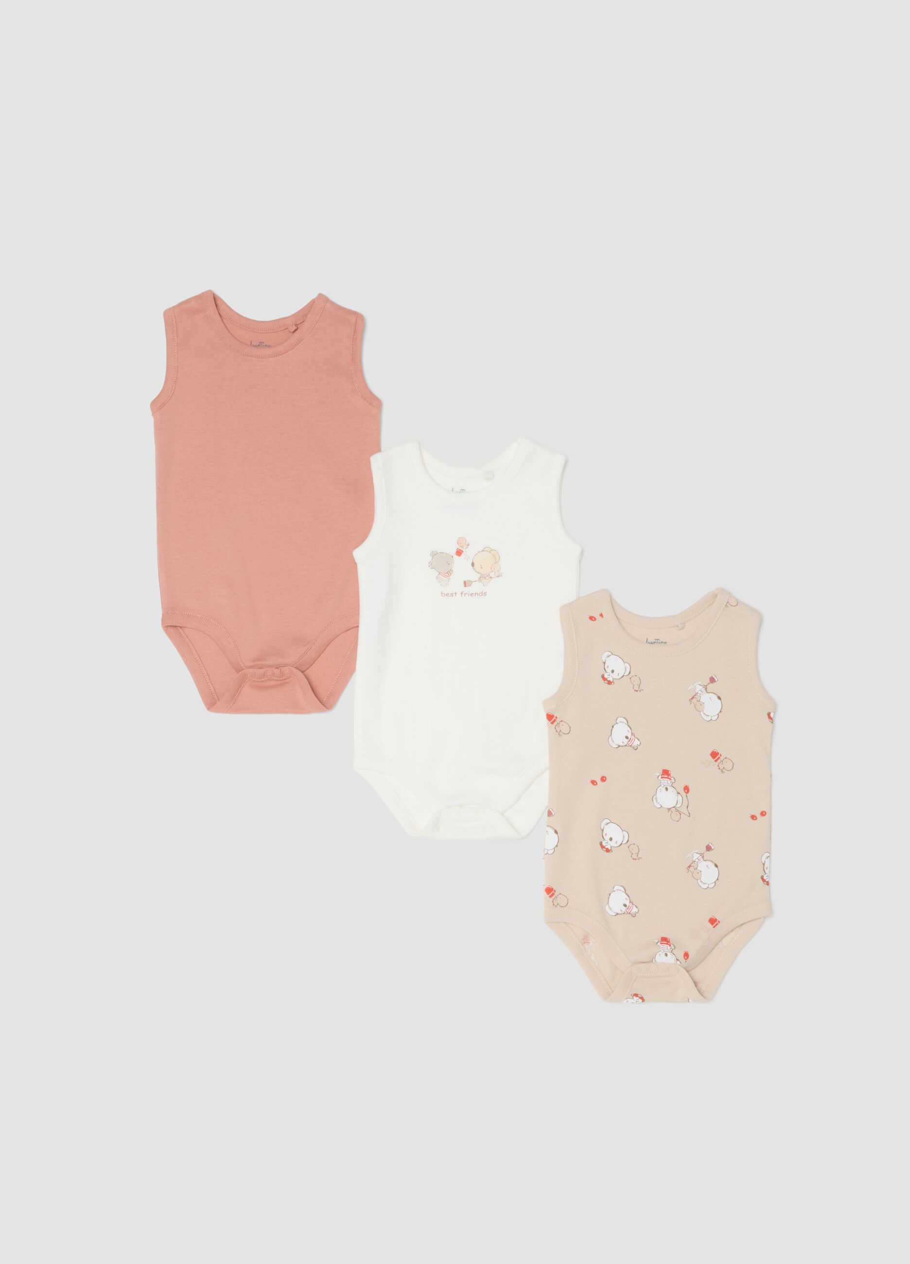 Sleeveless multicolour cotton bodysuit tripack for newborns