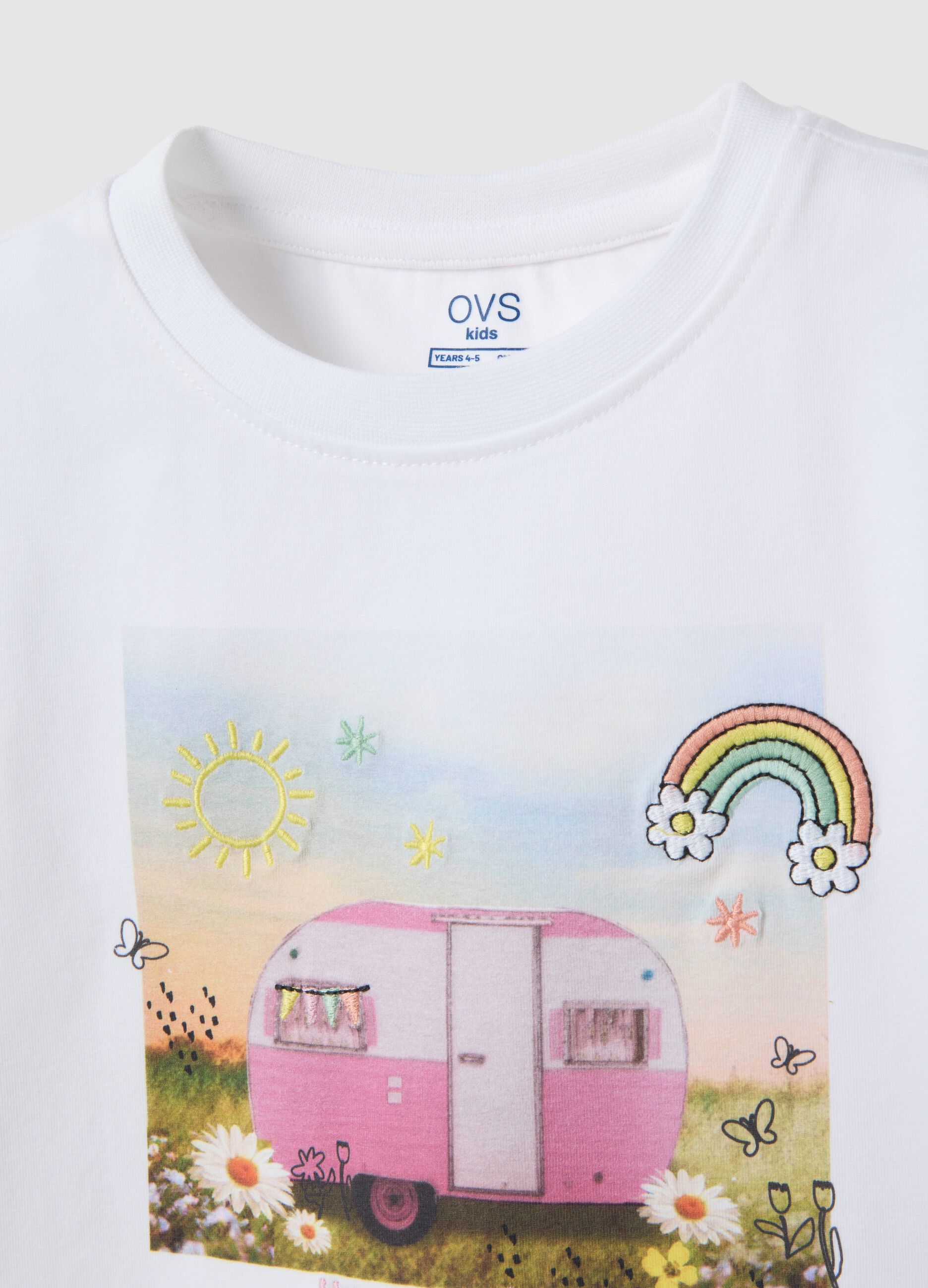 White stretch cotton girl's T-shirt, regular fit with print
