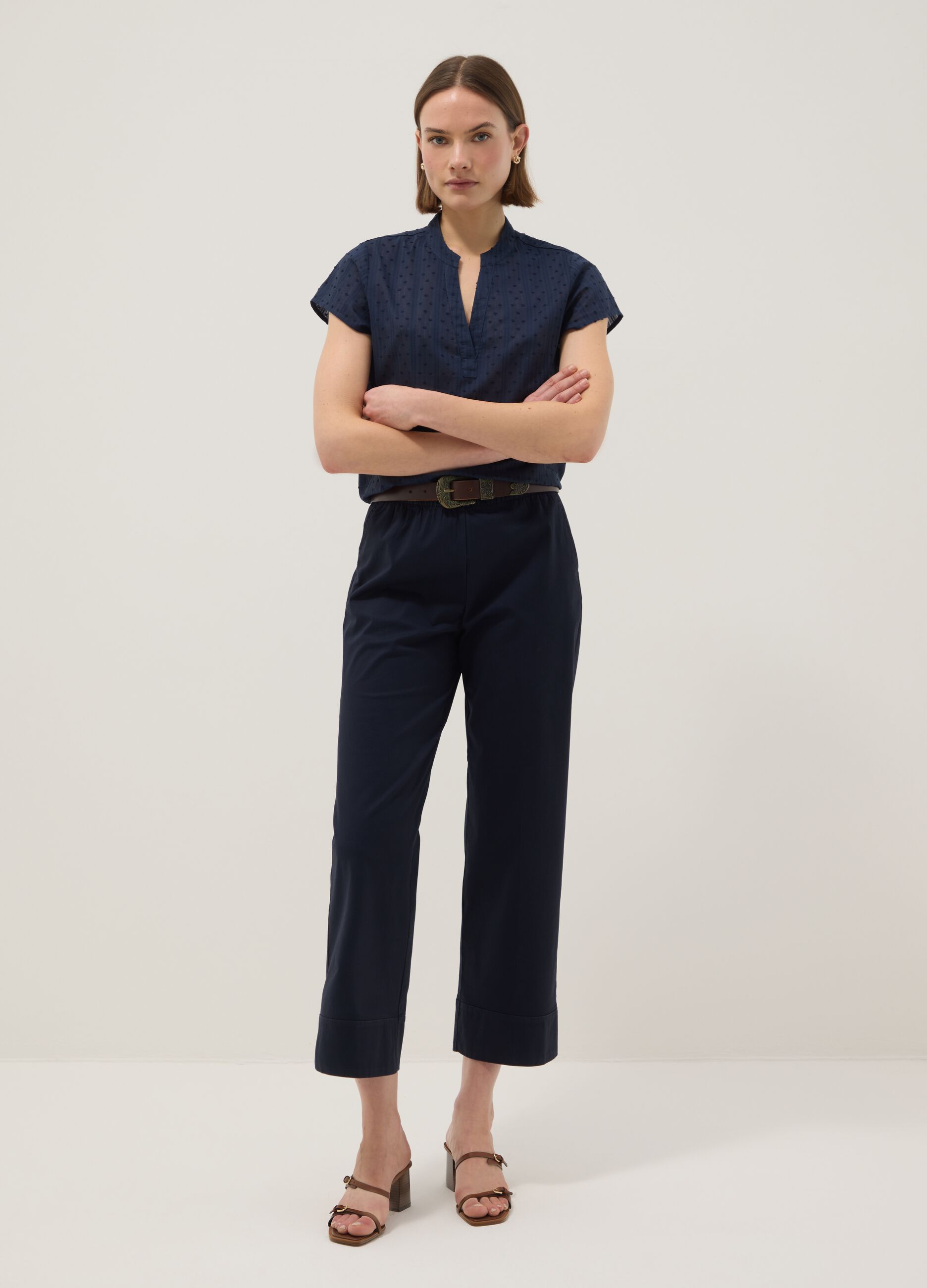 Blue pure cotton regular fit blouse with deep V transparency