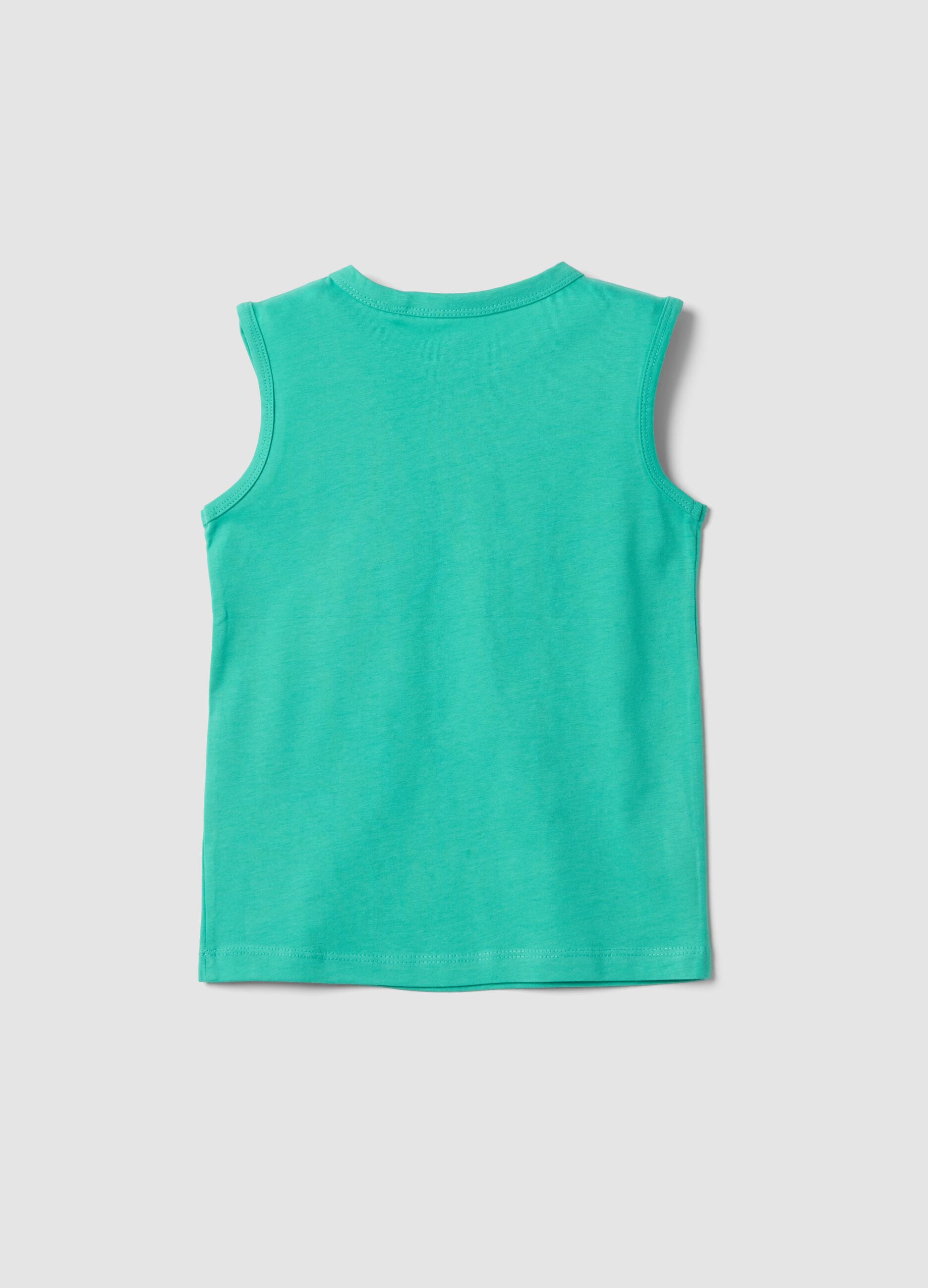 Green pure cotton surf-print vest top for boys, regular fit