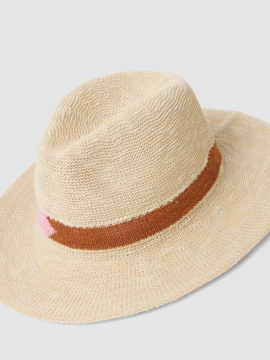Cappello beige a tesa larga con striscia multicolor_2
