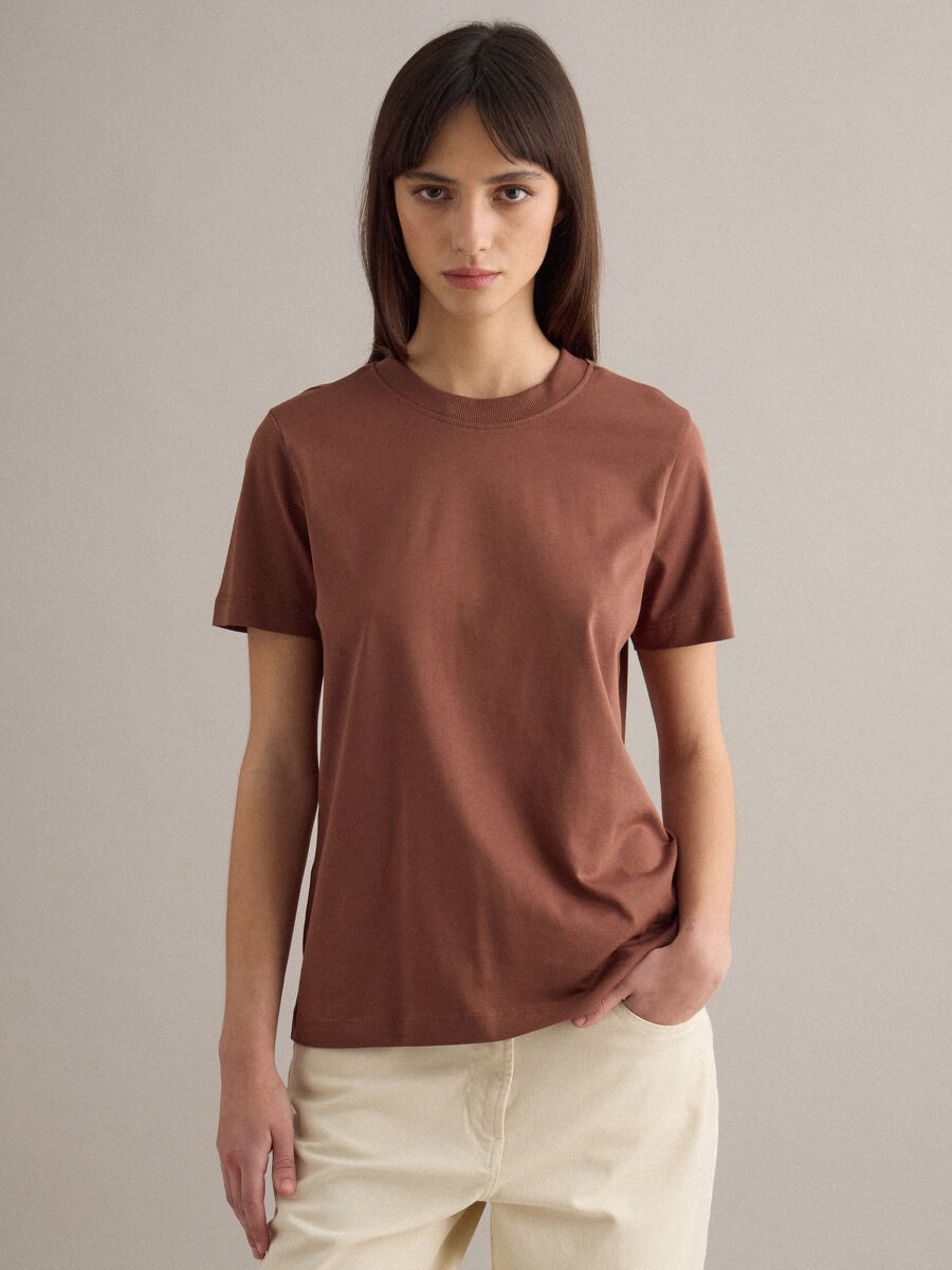 Brown crew neck pure cotton regular fit T-shirt_0