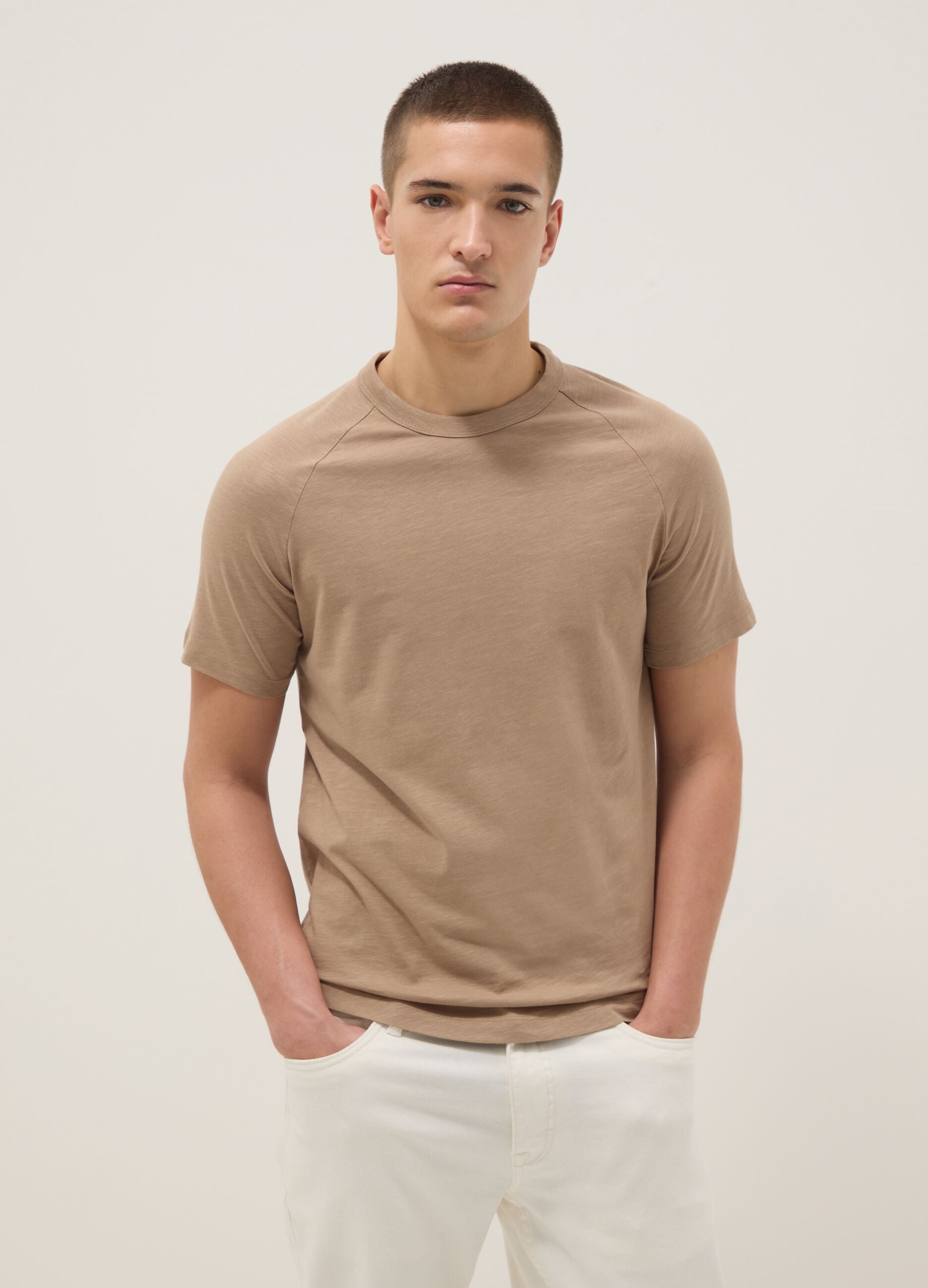 Beige pure cotton regular fit T-shirt