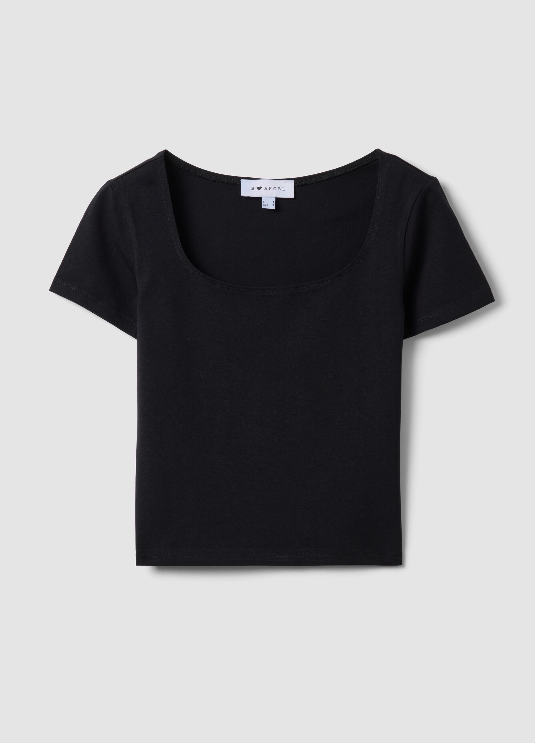Black stretch cotton T-shirt with square neckline, regular fit