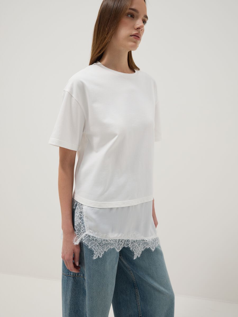 White pure cotton T-shirt with lace insert, relaxed fit_1