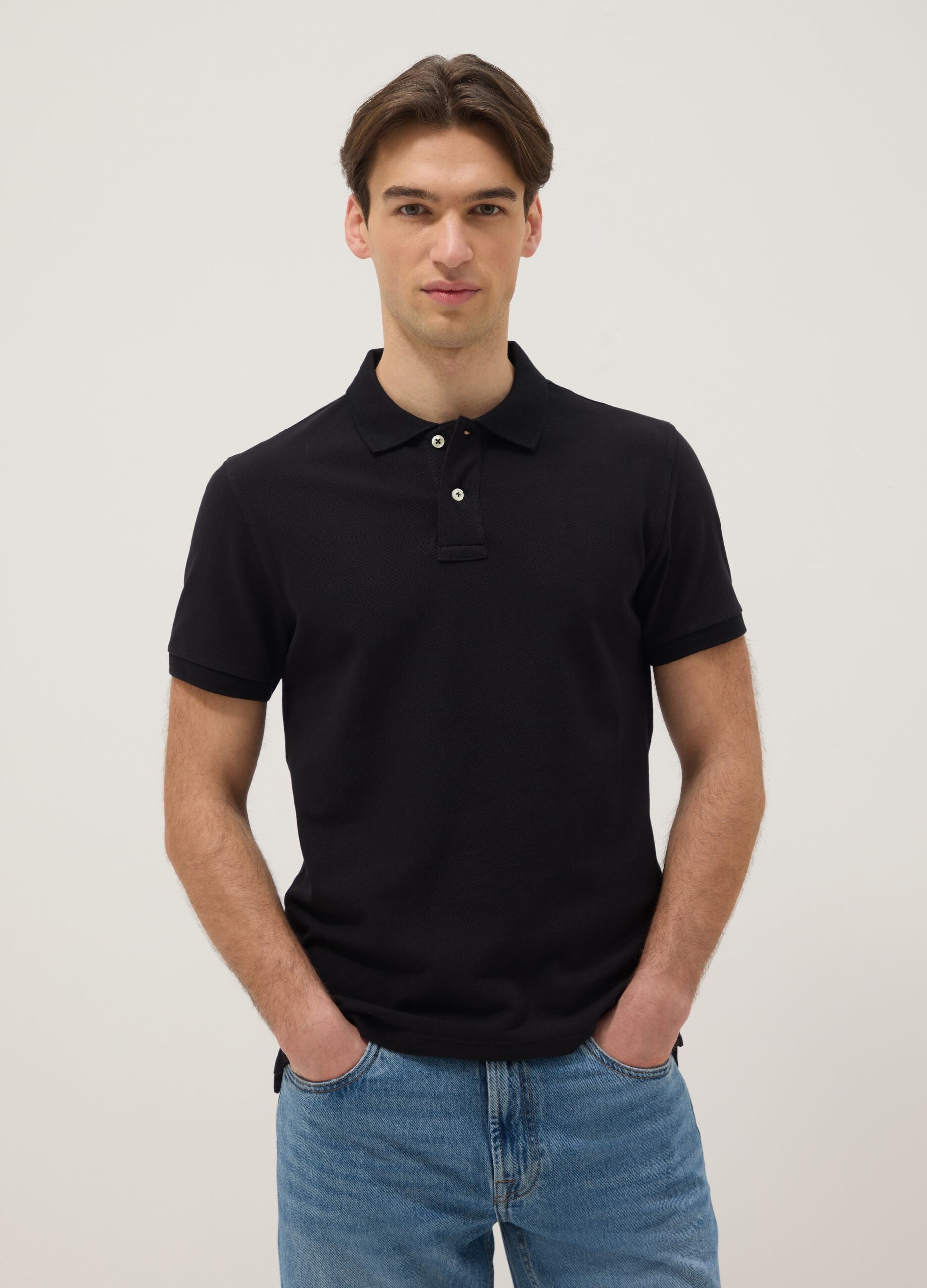 Short sleeve black organic cotton polo shirt, slim fit