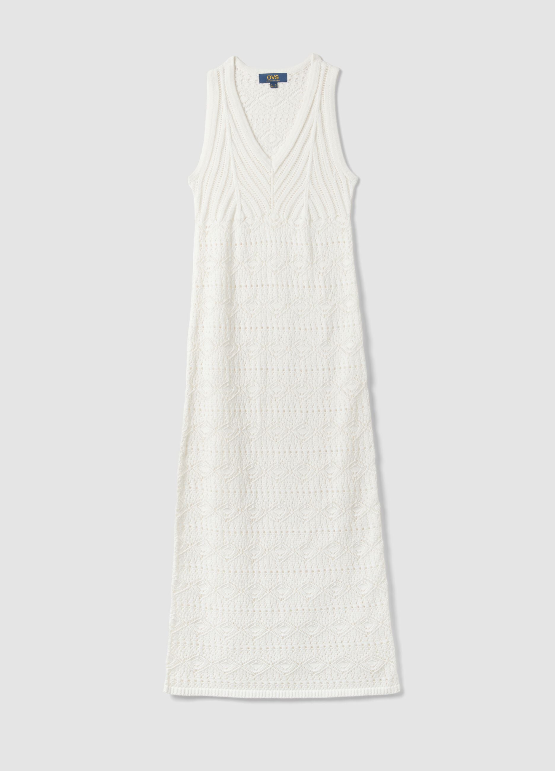 White pure cotton slim-fit dress with broderie detail and deep V-neck