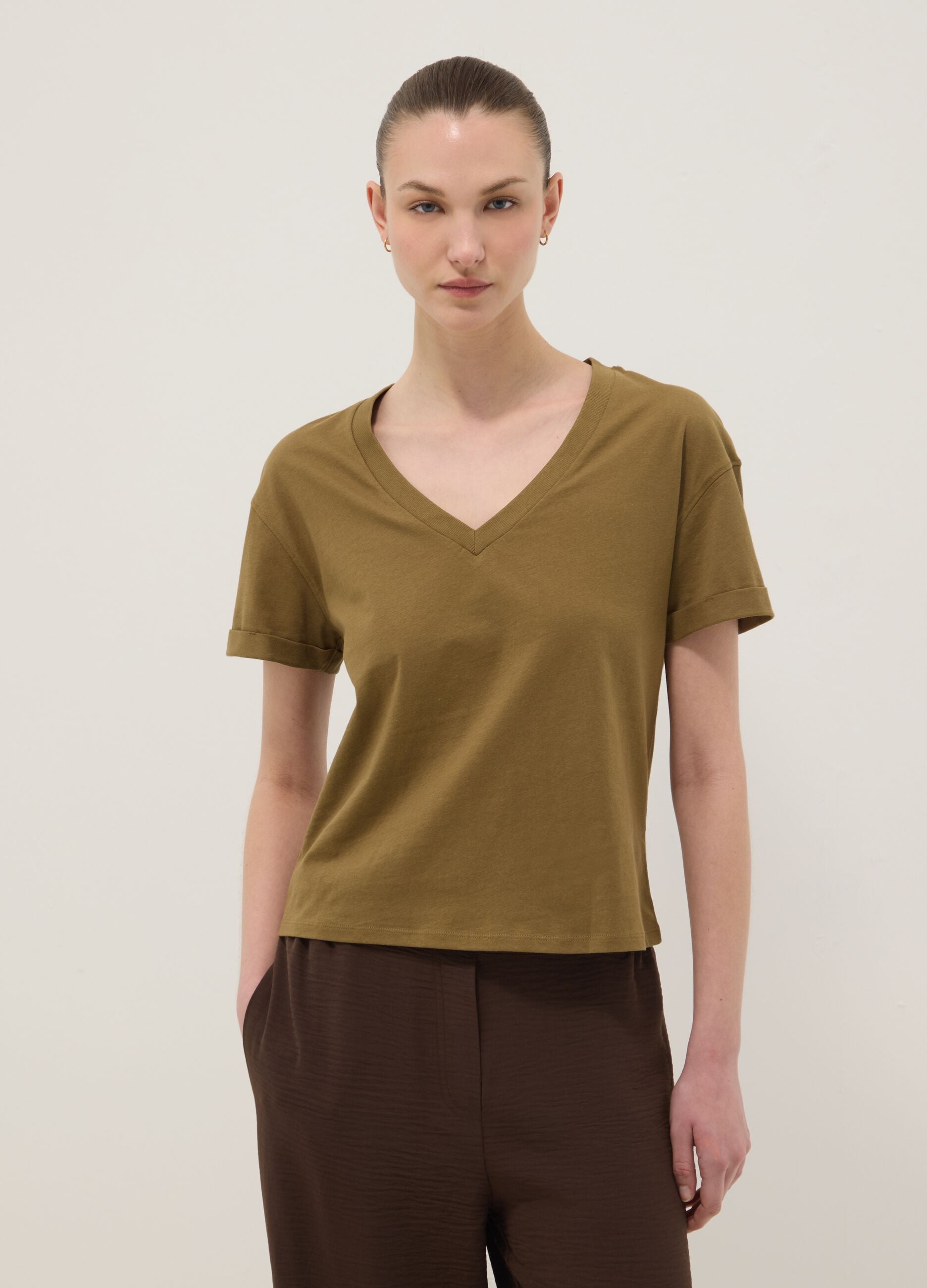 Green pure cotton V-neck relaxed fit T-shirt