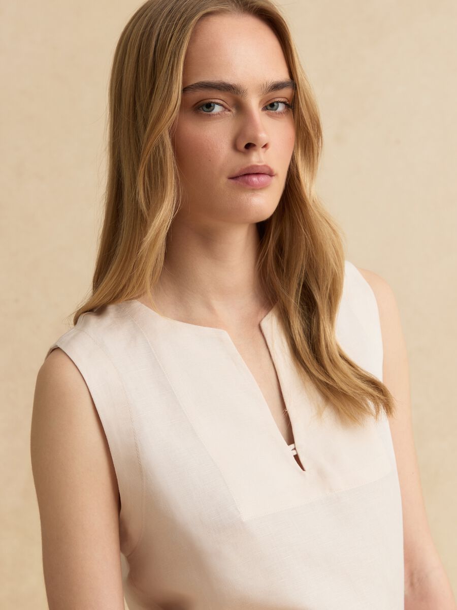 Beige linen-viscose blend top with oversized fit_0