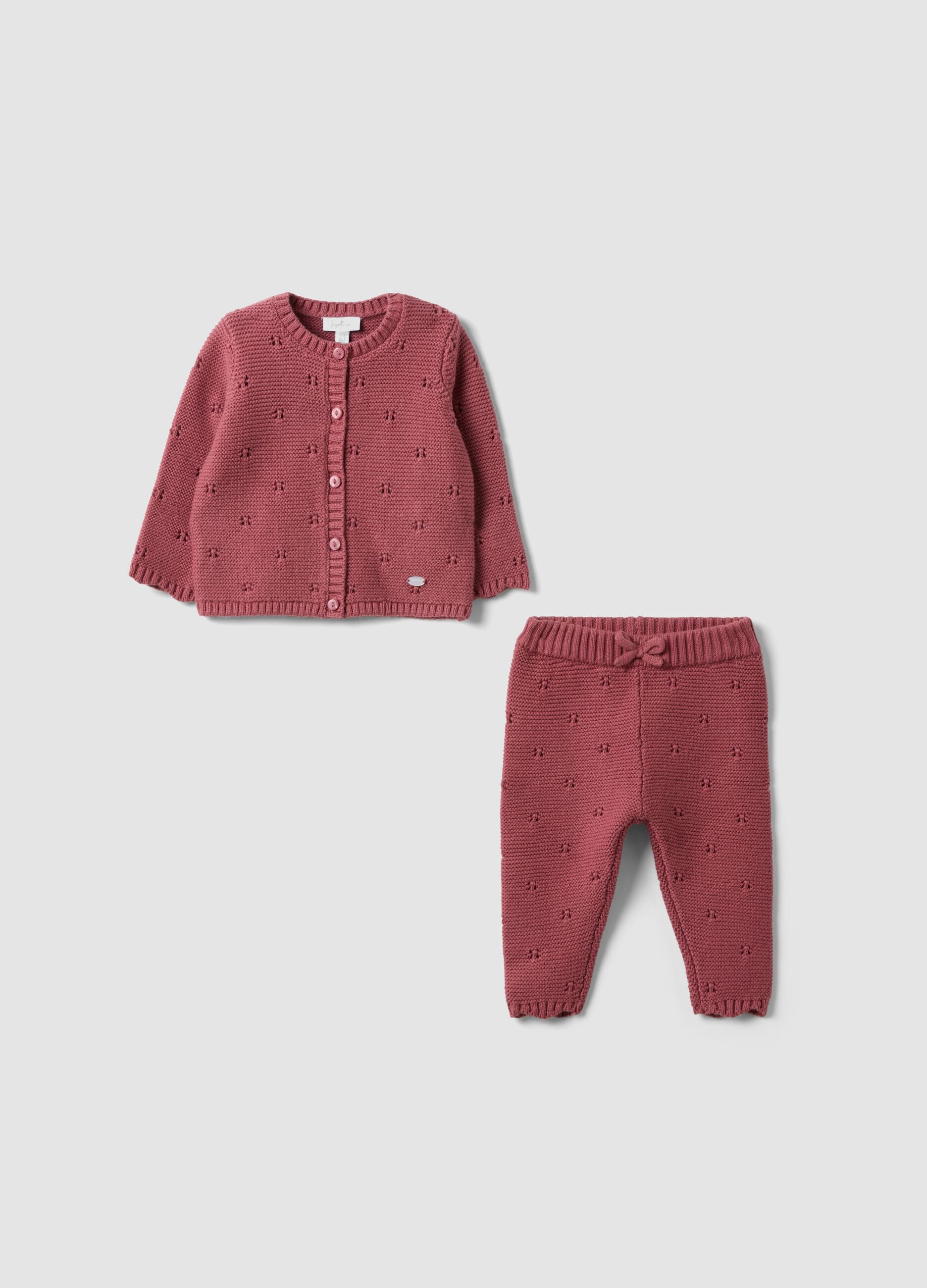 Pink organic cotton openwork knit set for baby girl