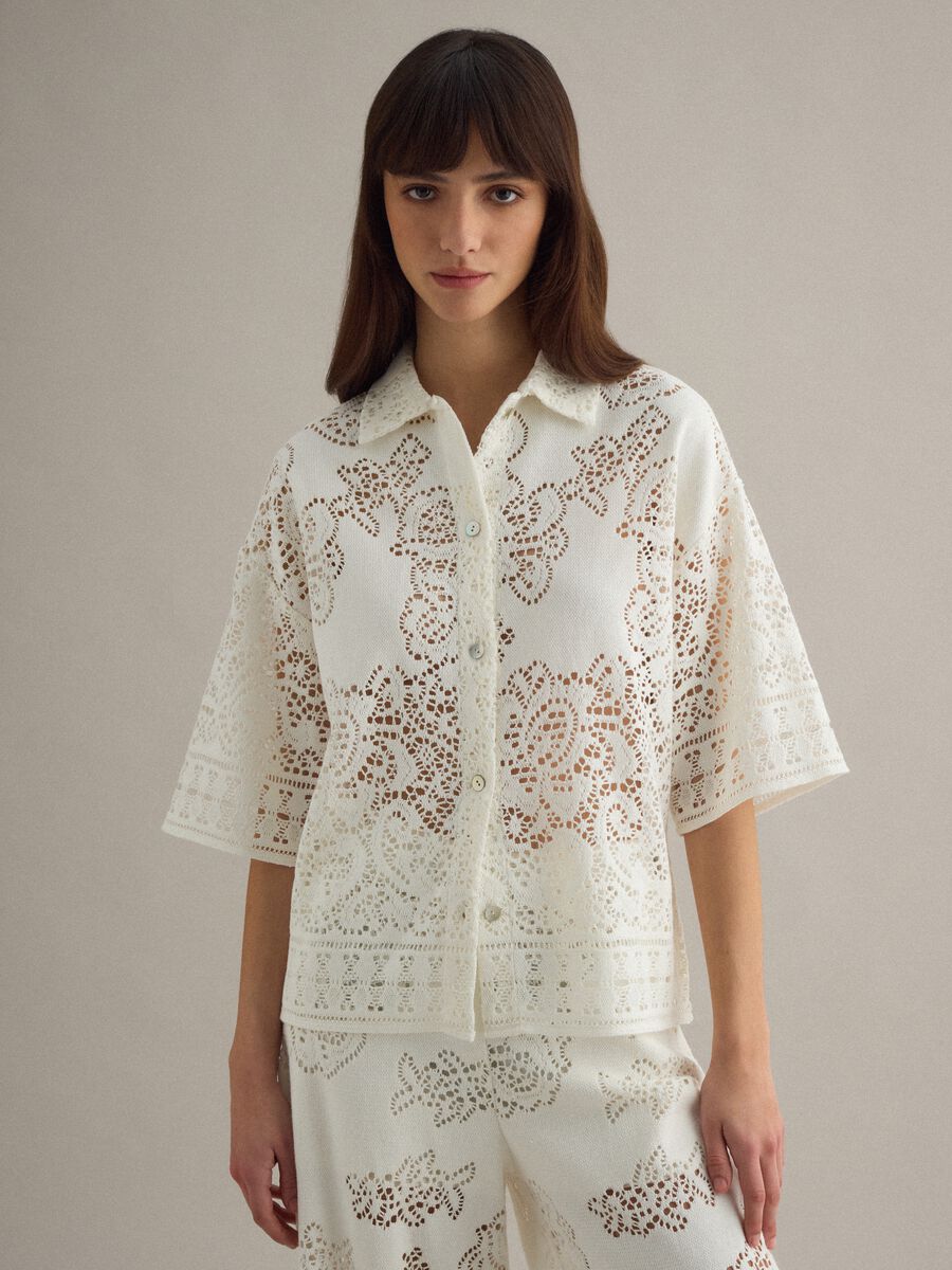 Polo bianca in crochet traforato di misto cotone regular fit_1