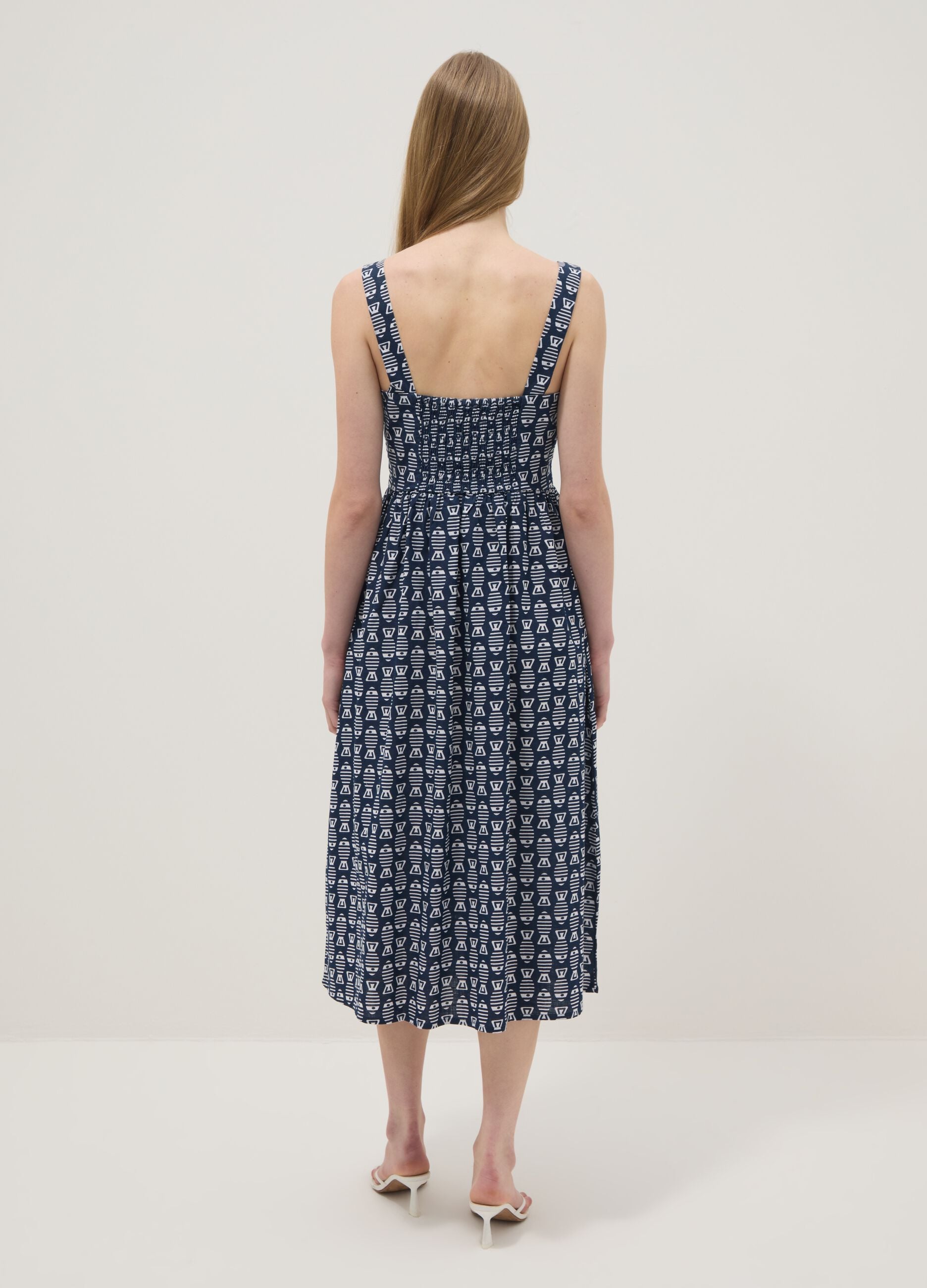 Blue pure cotton strappy dress with a summer print