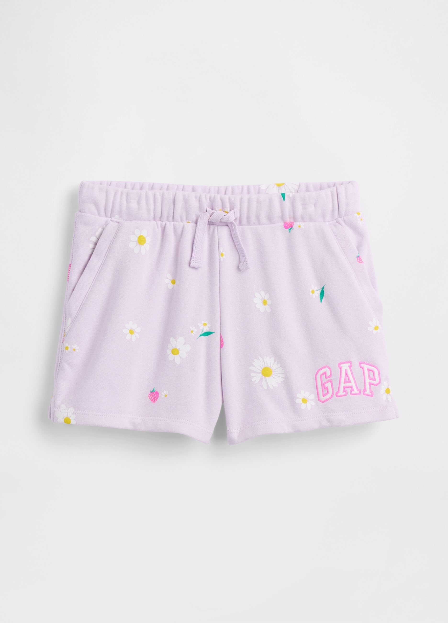 Girls' purple cotton blend shorts with strawberries and flowers