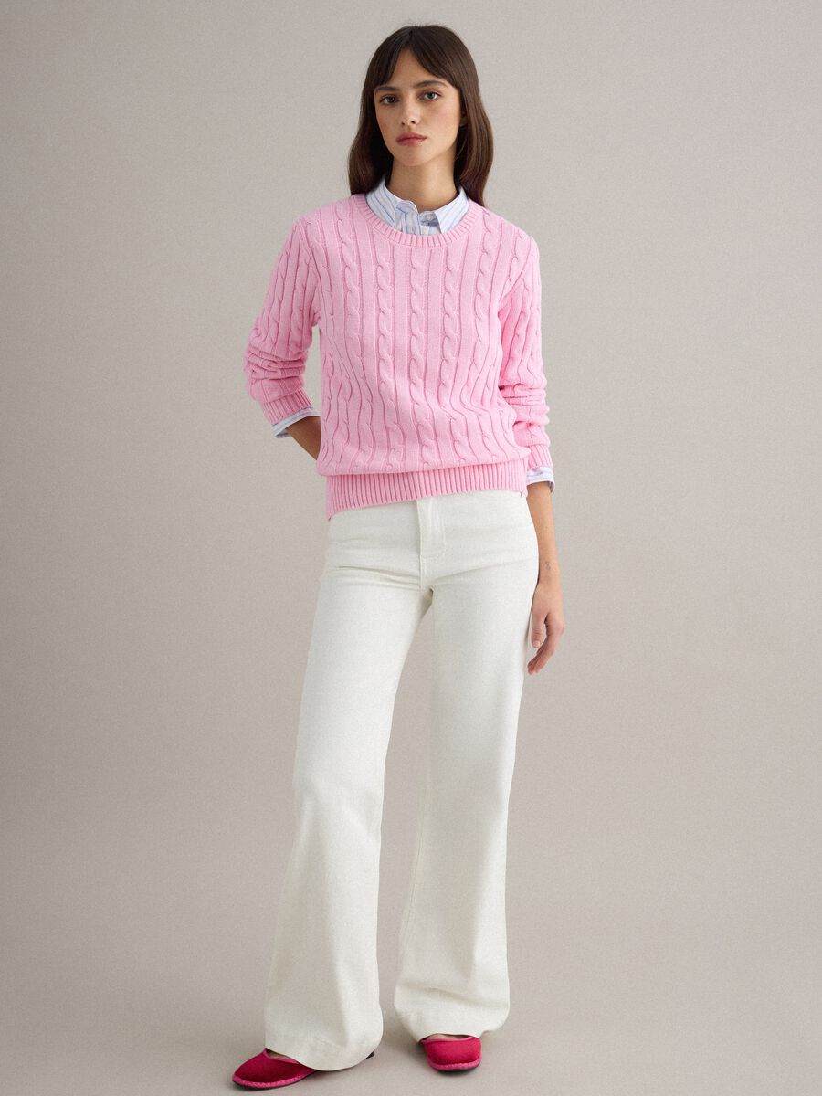 Pink pure cotton regular fit jumper with cable knit_2