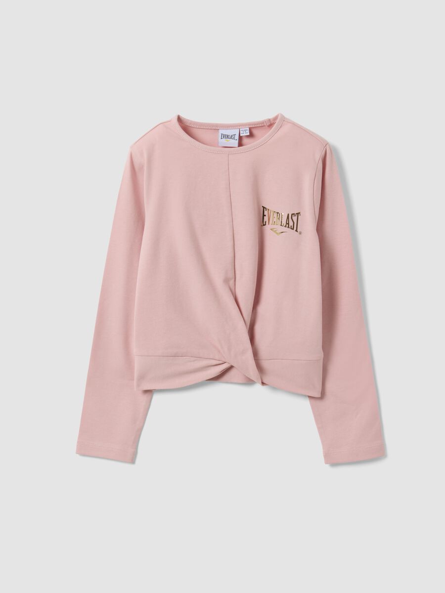 T-shirt rosa in cotone elasticizzato con nodo frontale e stampa per bambina_0