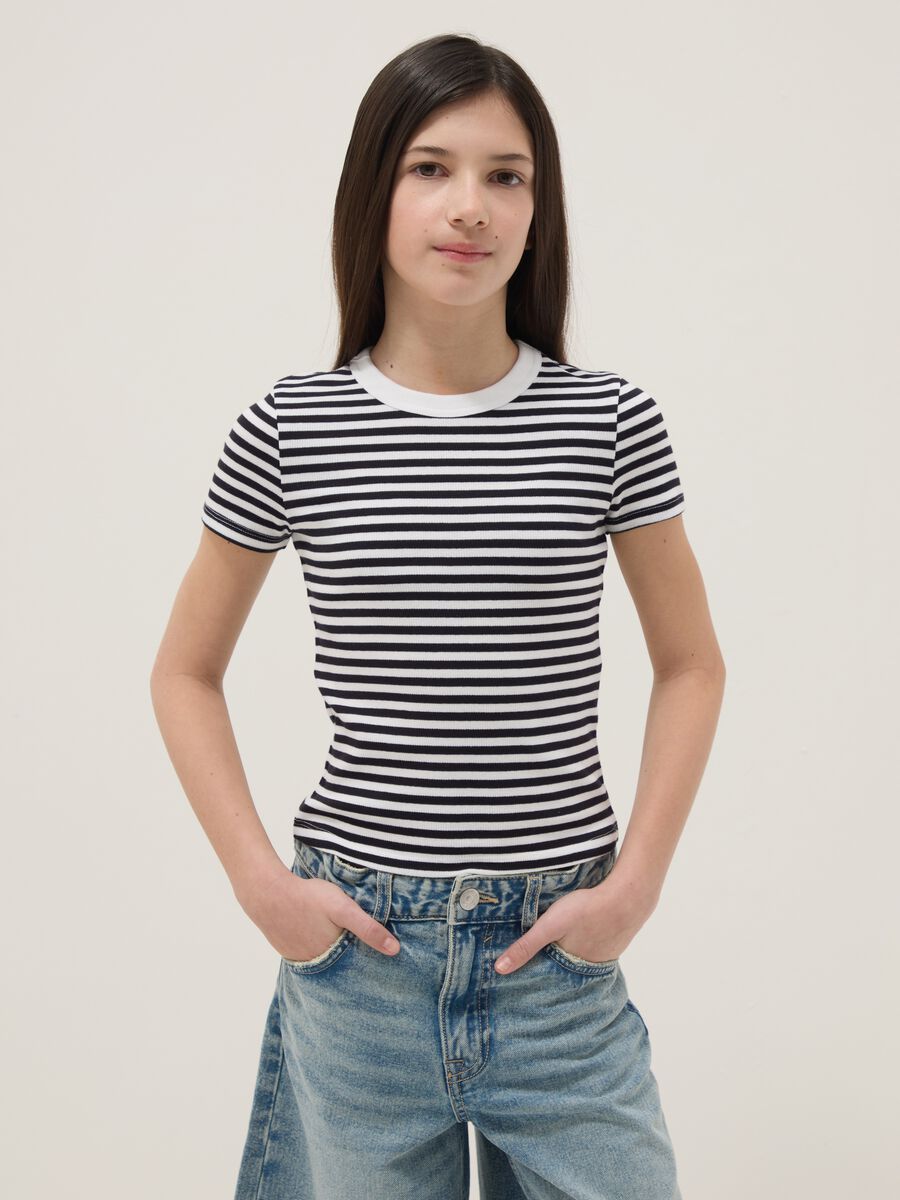 Slim fit multicolour striped stretch cotton girls' T-shirt_0