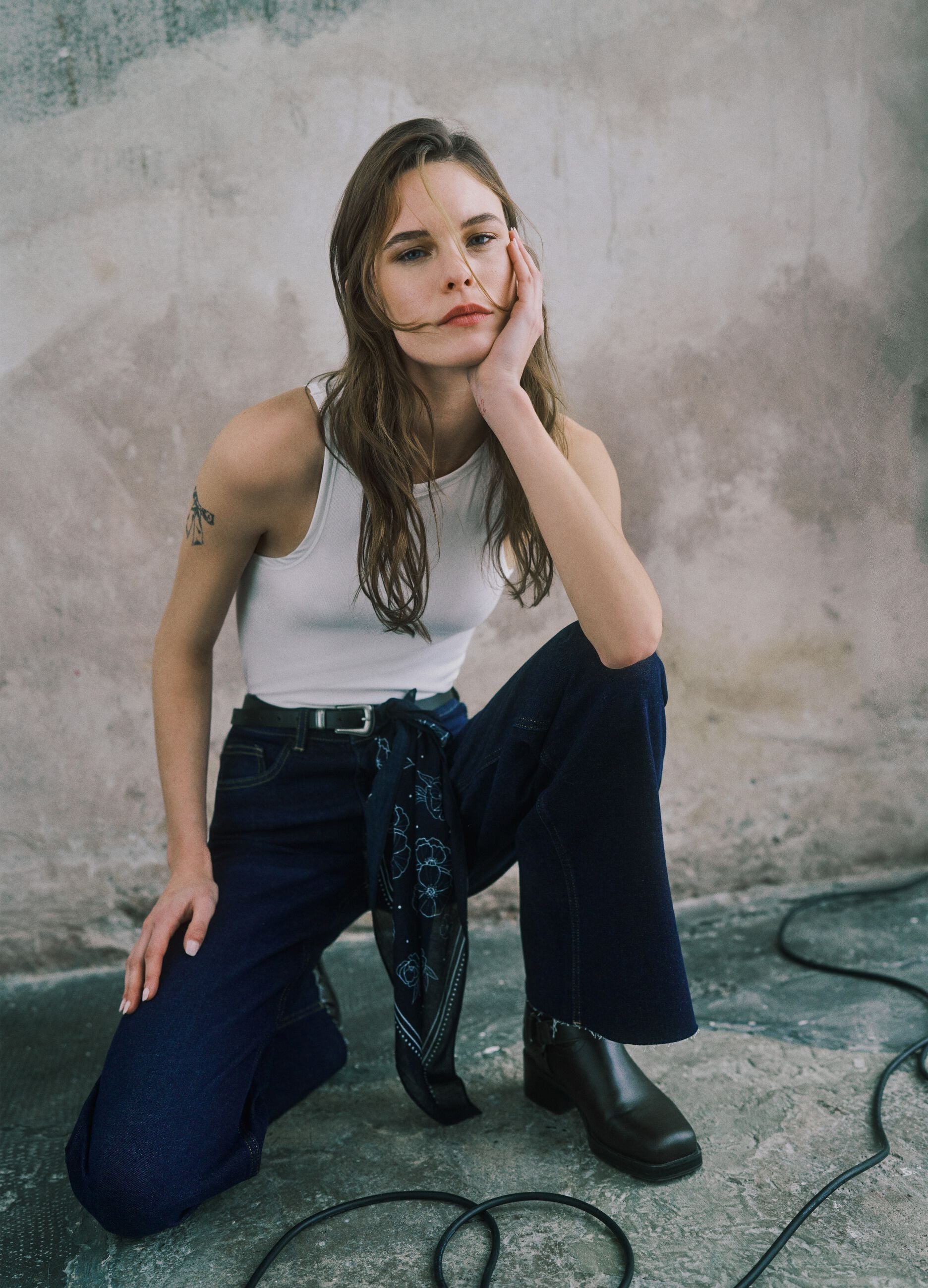 Blue Stretch Cotton Wide Leg Jeans