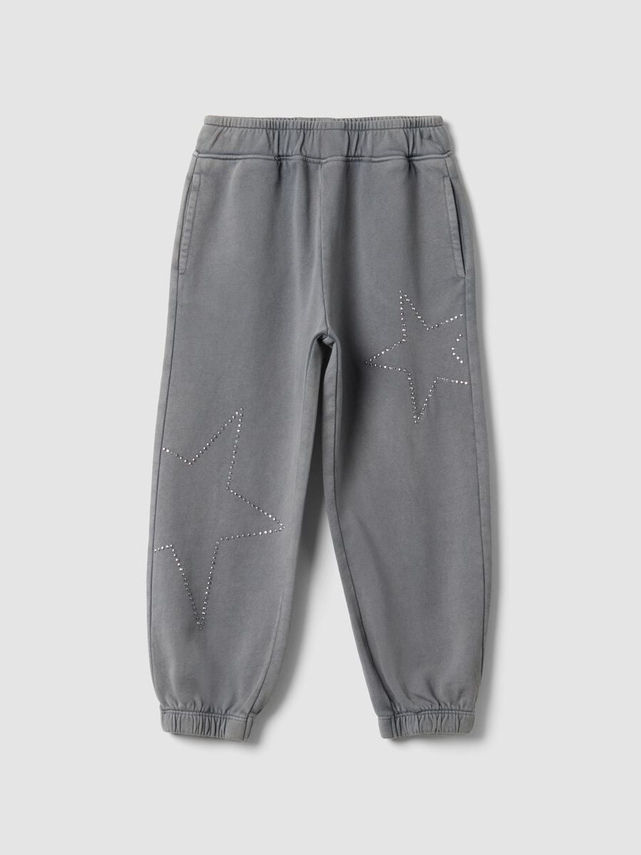 Grey pure cotton joggers with rhinestones for girls_0