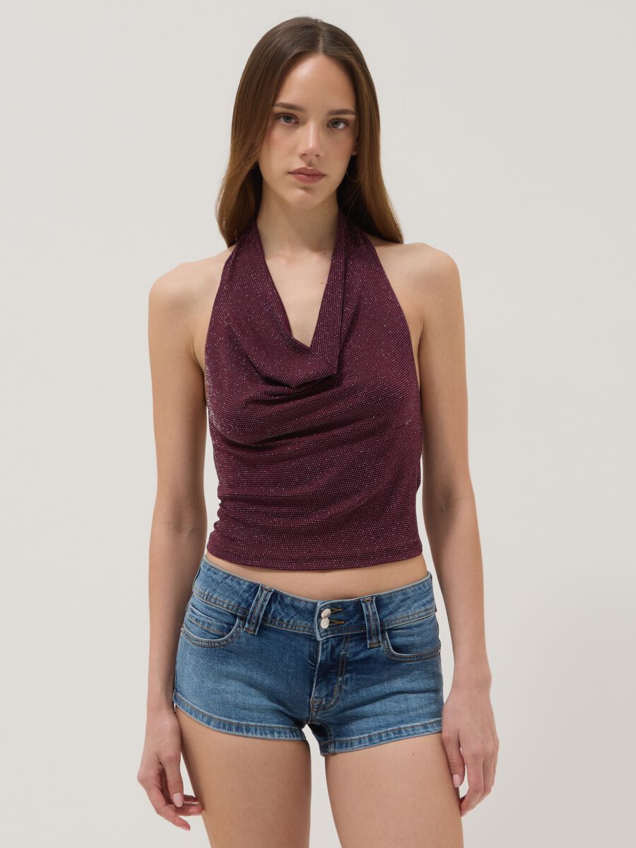Purple halterneck top in stretch fabric, regular fit_0