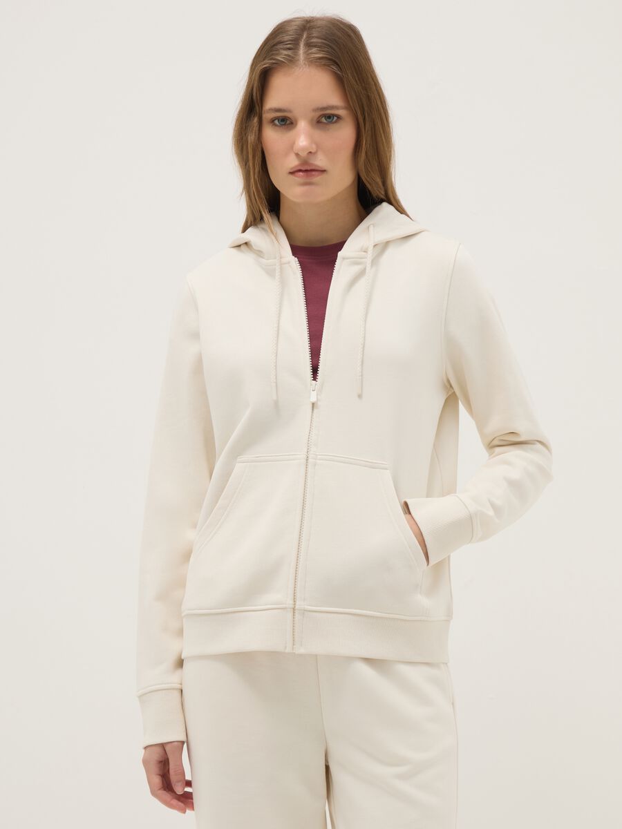 Felpa in misto cotone beige regular fit con cappuccio e zip_0