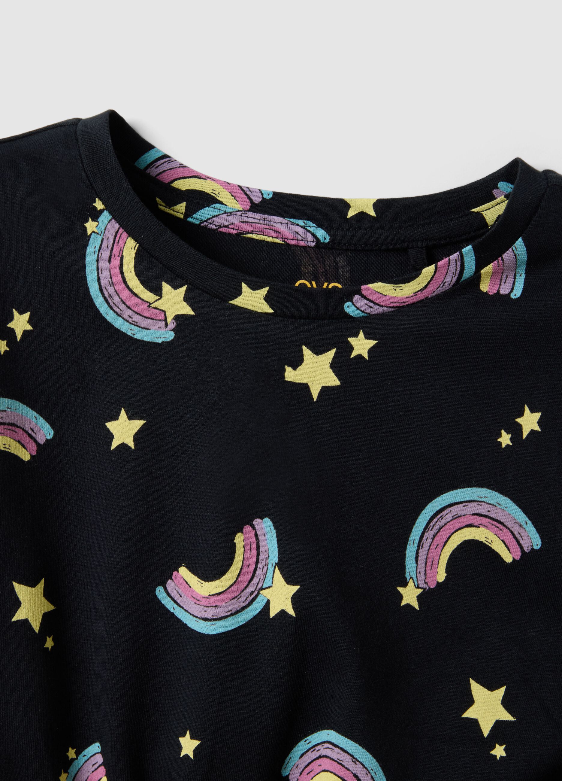 Girls' regular fit black pure cotton dress with rainbows
