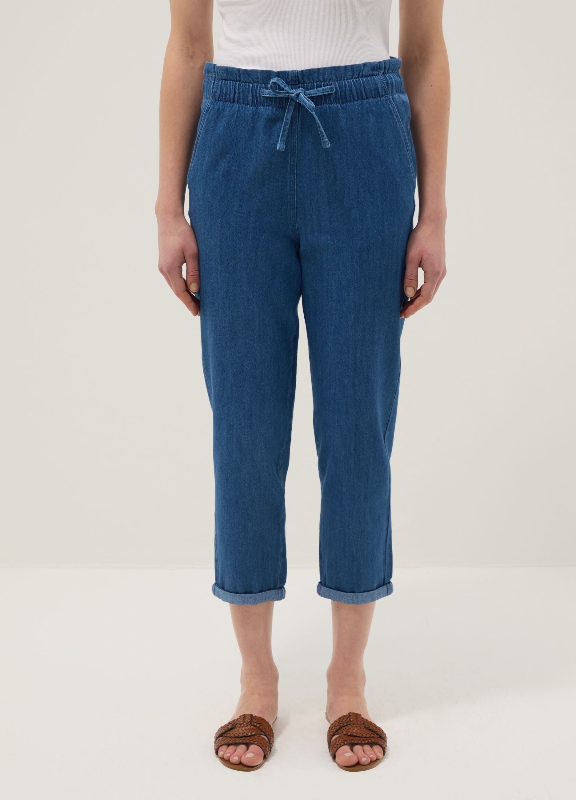 Paper bag trousers in pure blue denim cotton regular fit