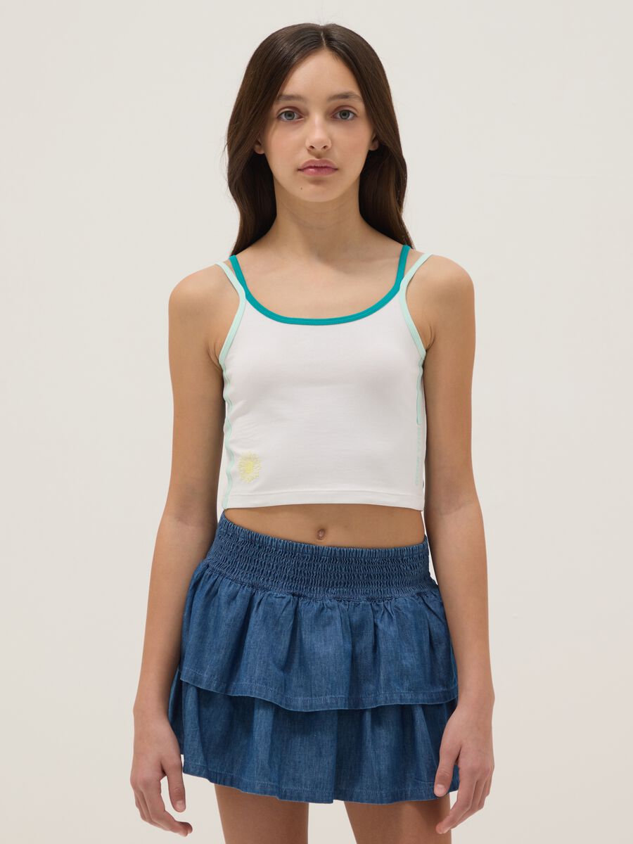 Girls' fitted white stretch cotton tank top with flower_0