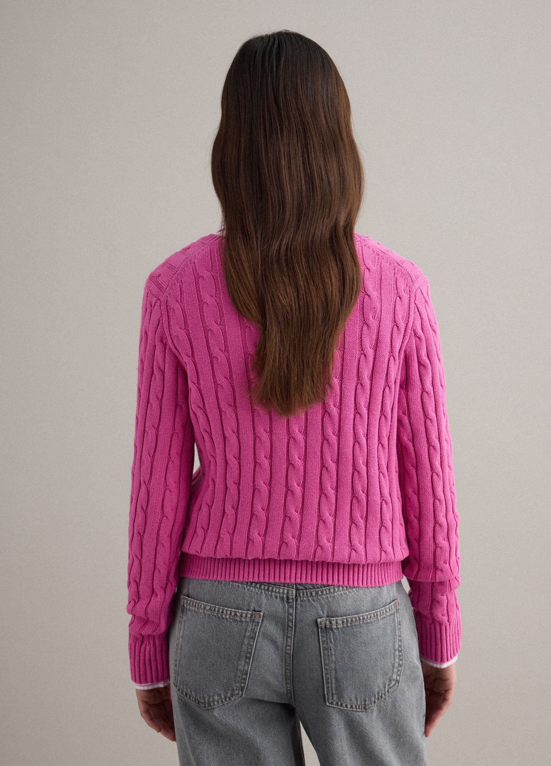 Pink pure cotton regular fit pullover with cable knit design