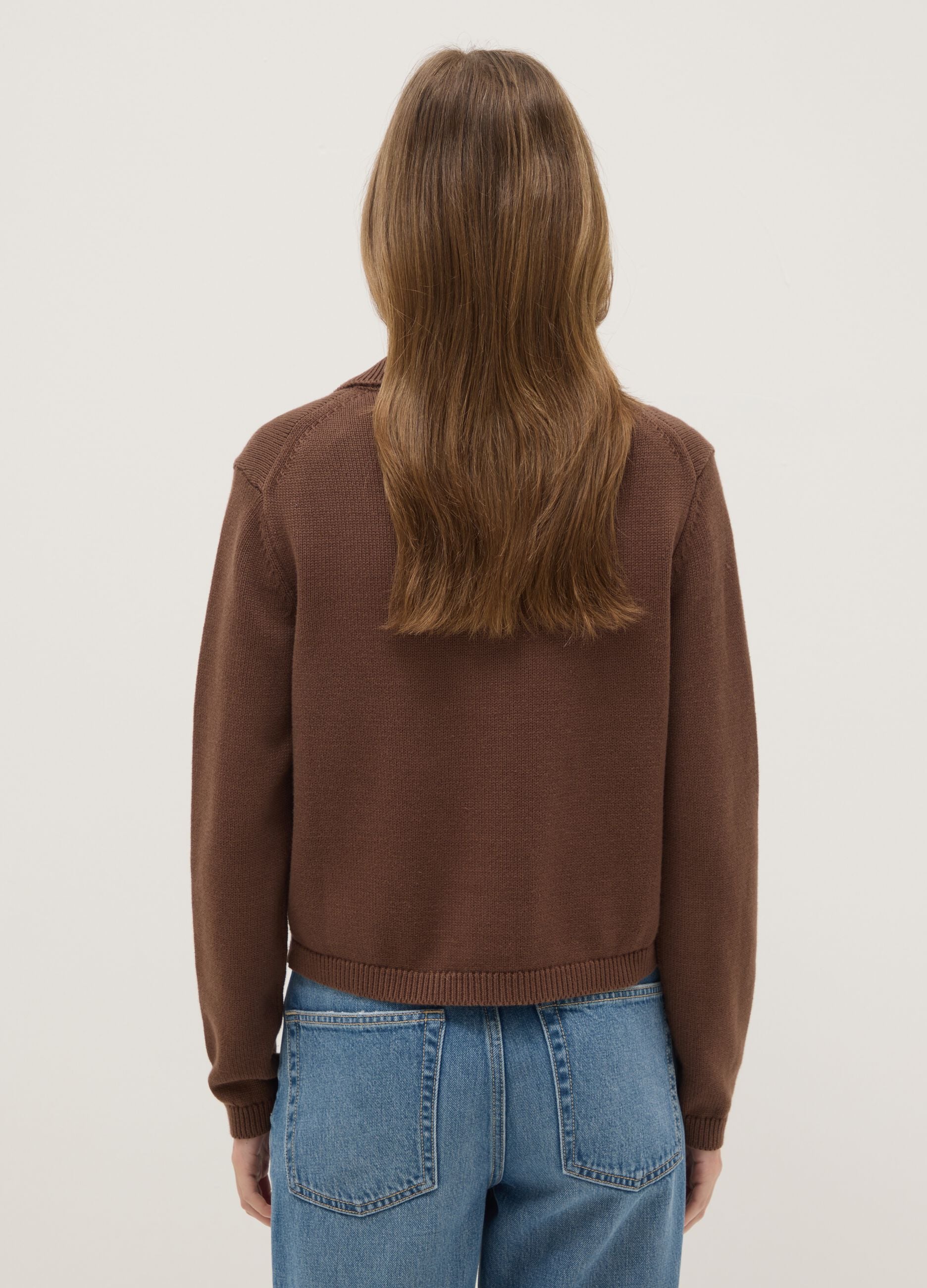 Brown cardigan with polo collar in pure cotton, regular fit