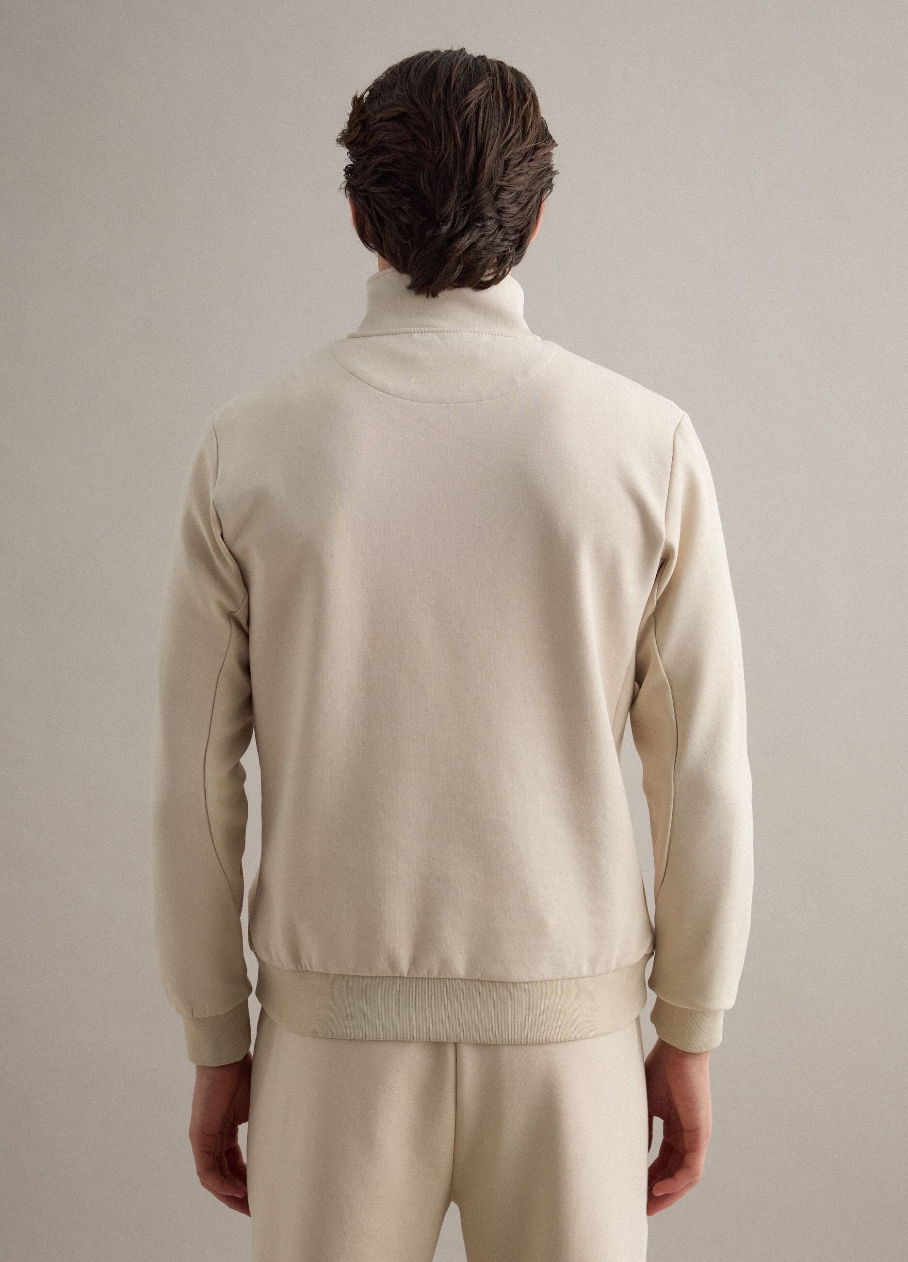 Beige regular fit stretch cotton blend sweatshirt with half zip