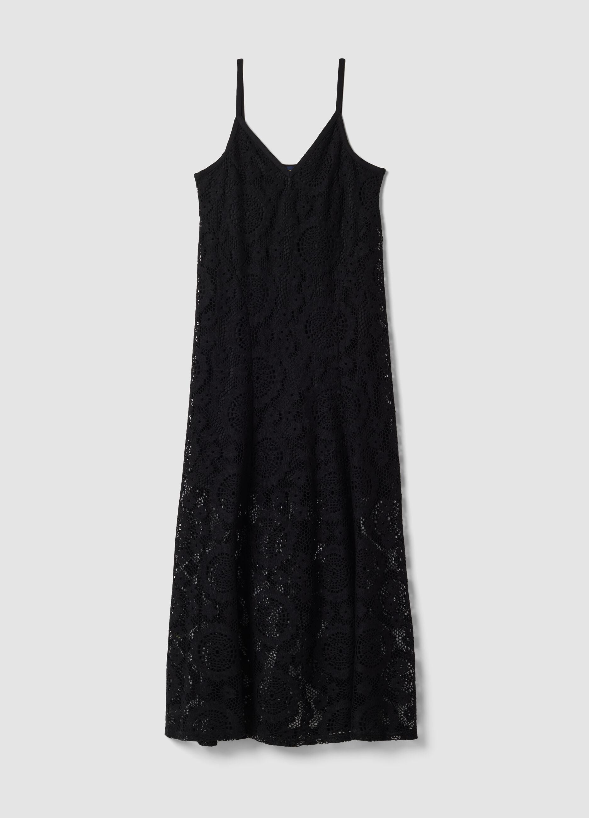 Long black crochet dress with V-neck, regular fit