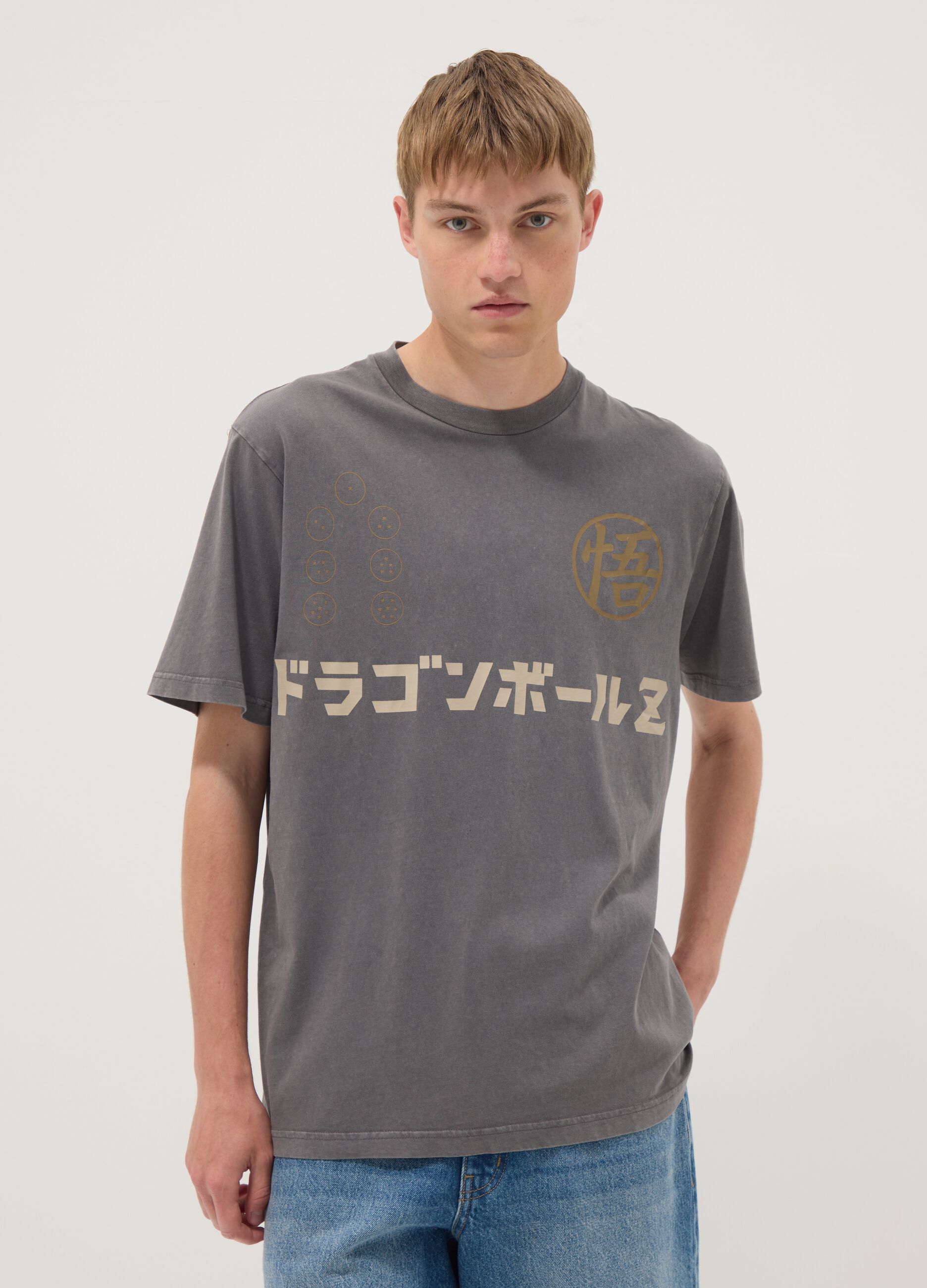 Grey pure cotton T-shirt with Dragon Ball prints, relaxed fit
