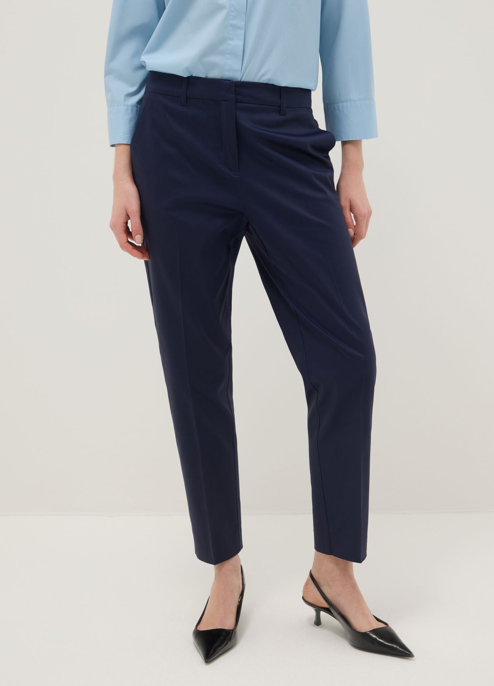 Blue Stretch Cotton Satin Trousers Regular Fit