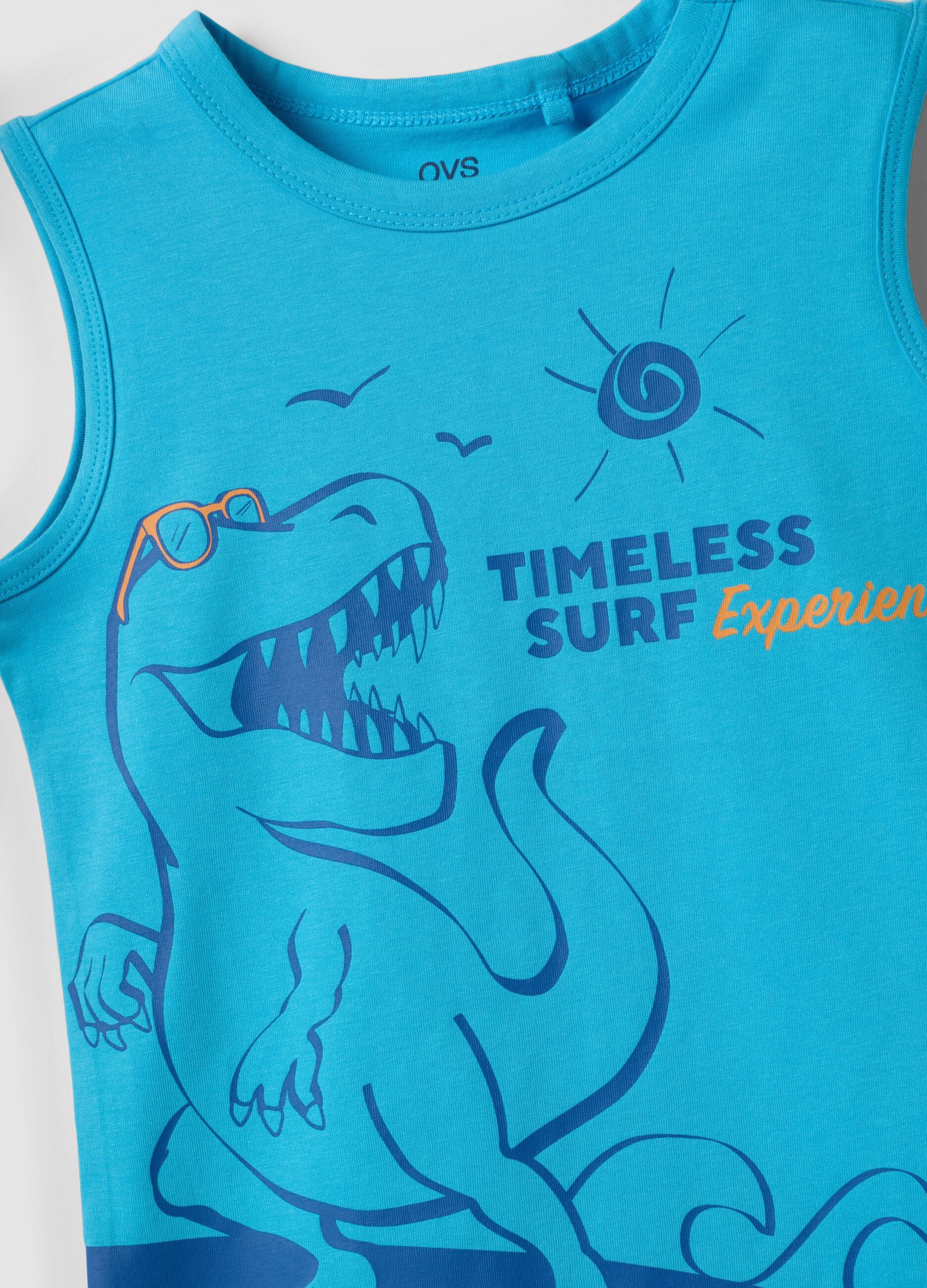 Blue pure cotton surf-print vest top for boys, regular fit