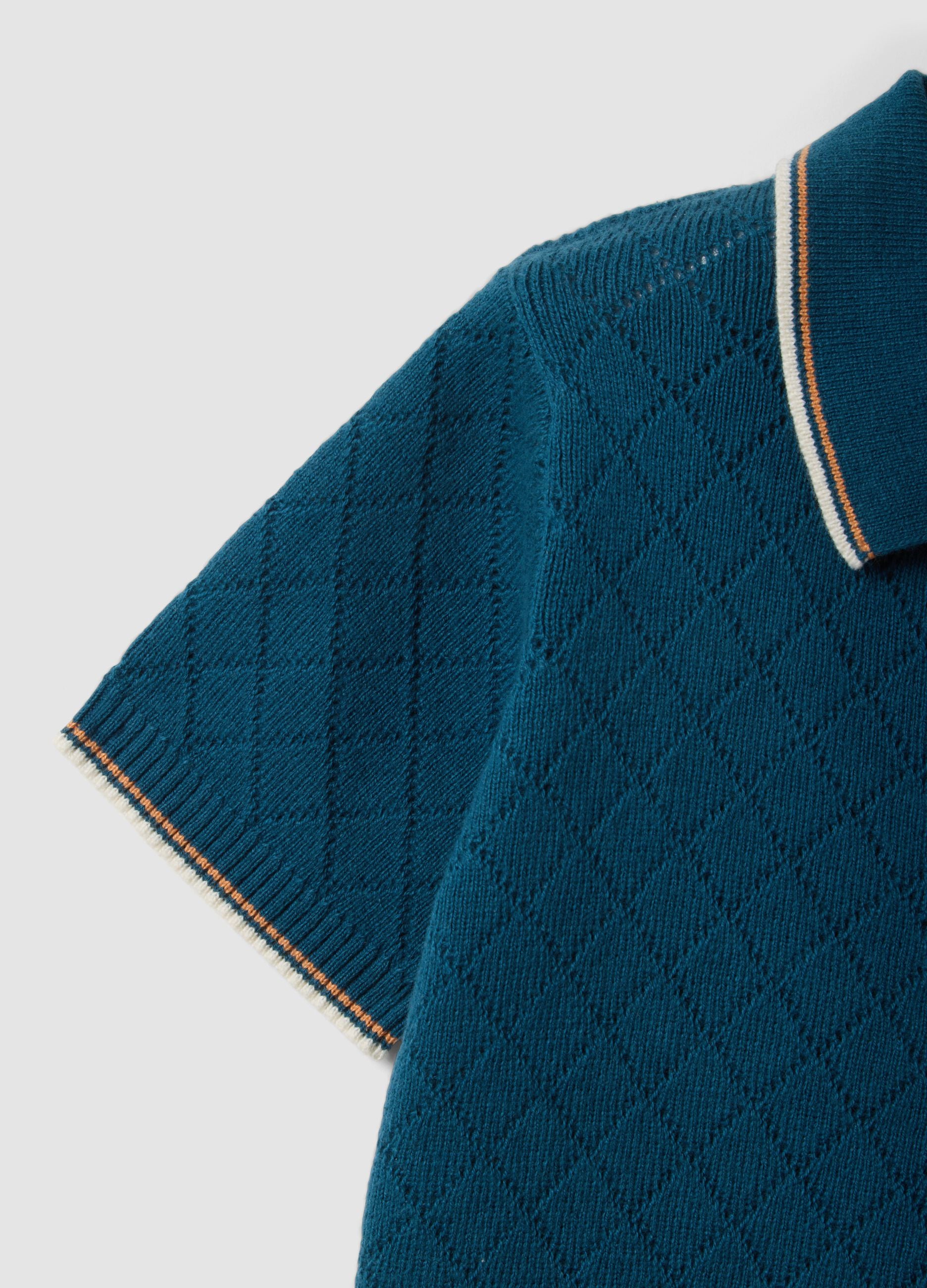 Blue short-sleeved polo shirt in pure cotton