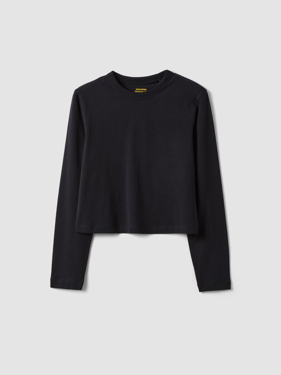 T-shirt nera in puro cotone con collo a costine per ragazza_0