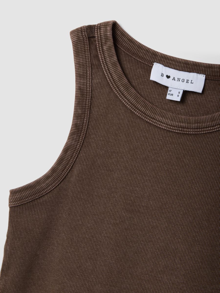 Brown ribbed stretch cotton fitted tank top_5